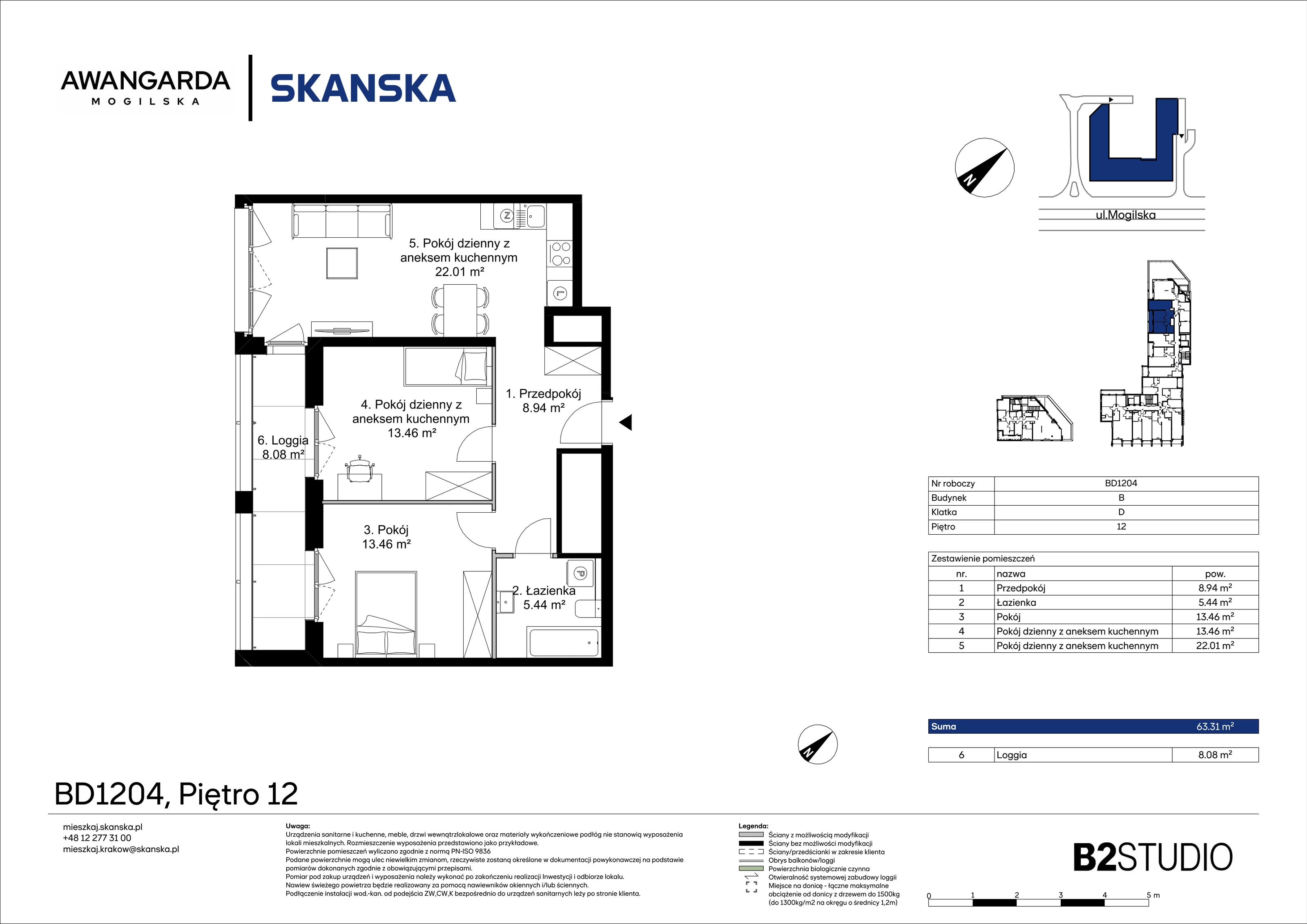 3 pokoje, apartament 63,31 m², piętro 12, oferta nr 1BD1204, Awangarda Mogilska, Kraków, Prądnik Czerwony, Rakowice, ul. Mogilska 126