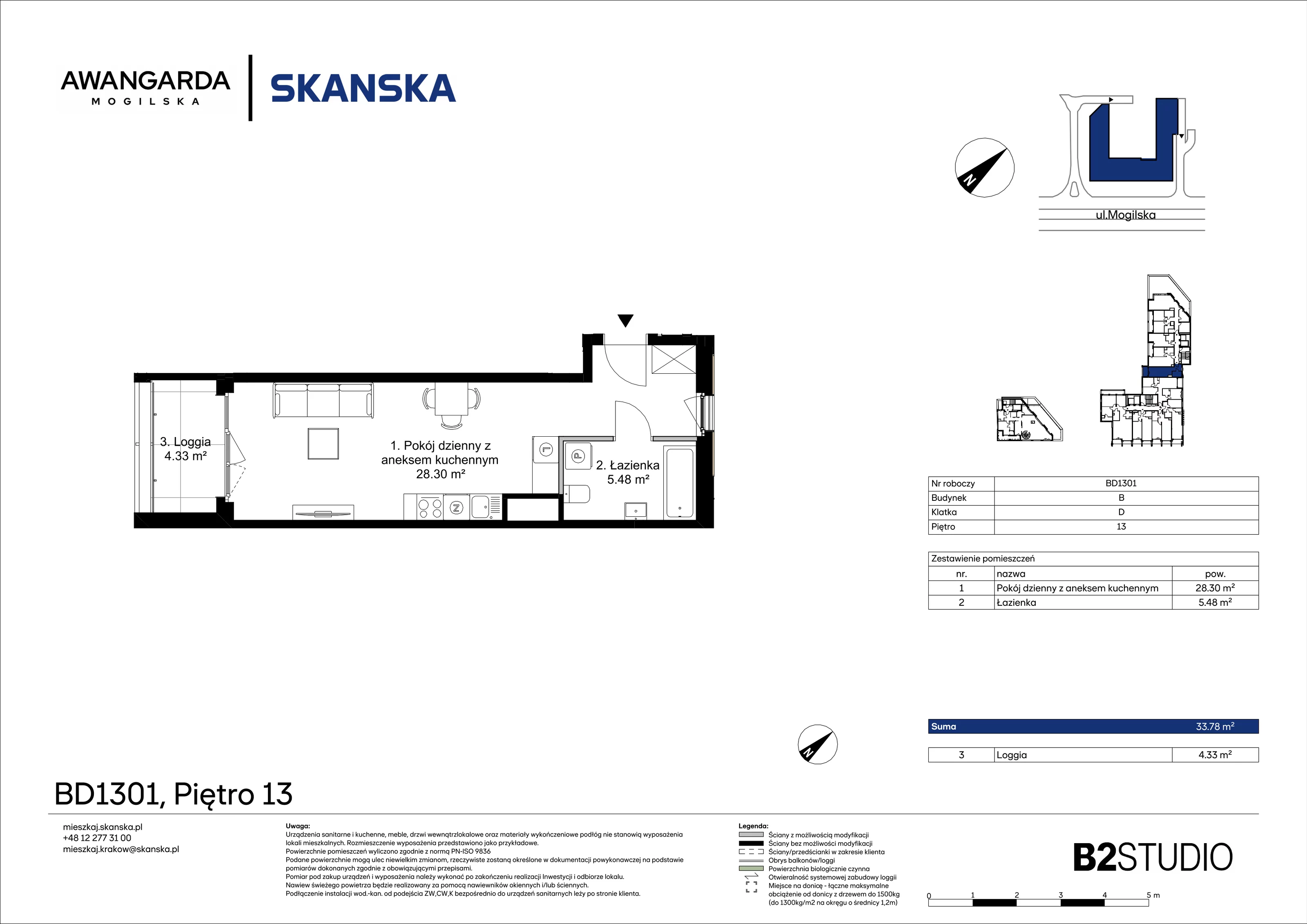 1 pokój, mieszkanie 33,78 m², piętro 13, oferta nr 1BD1301, Awangarda Mogilska, Kraków, Prądnik Czerwony, Rakowice, ul. Mogilska 126