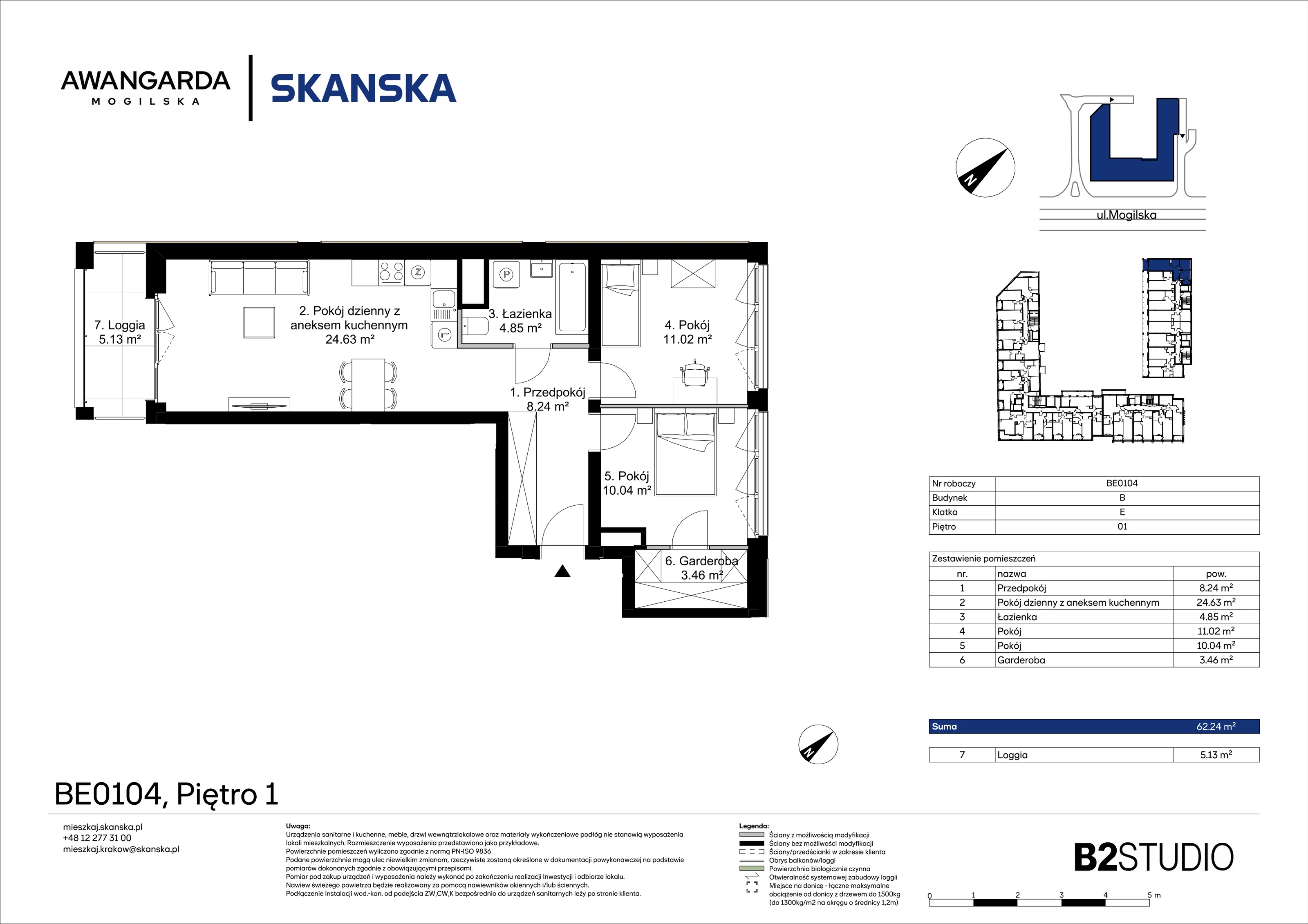 3 pokoje, apartament 62,24 m², piętro 1, oferta nr 1BE0104, Awangarda Mogilska, Kraków, Prądnik Czerwony, Rakowice, ul. Mogilska 126