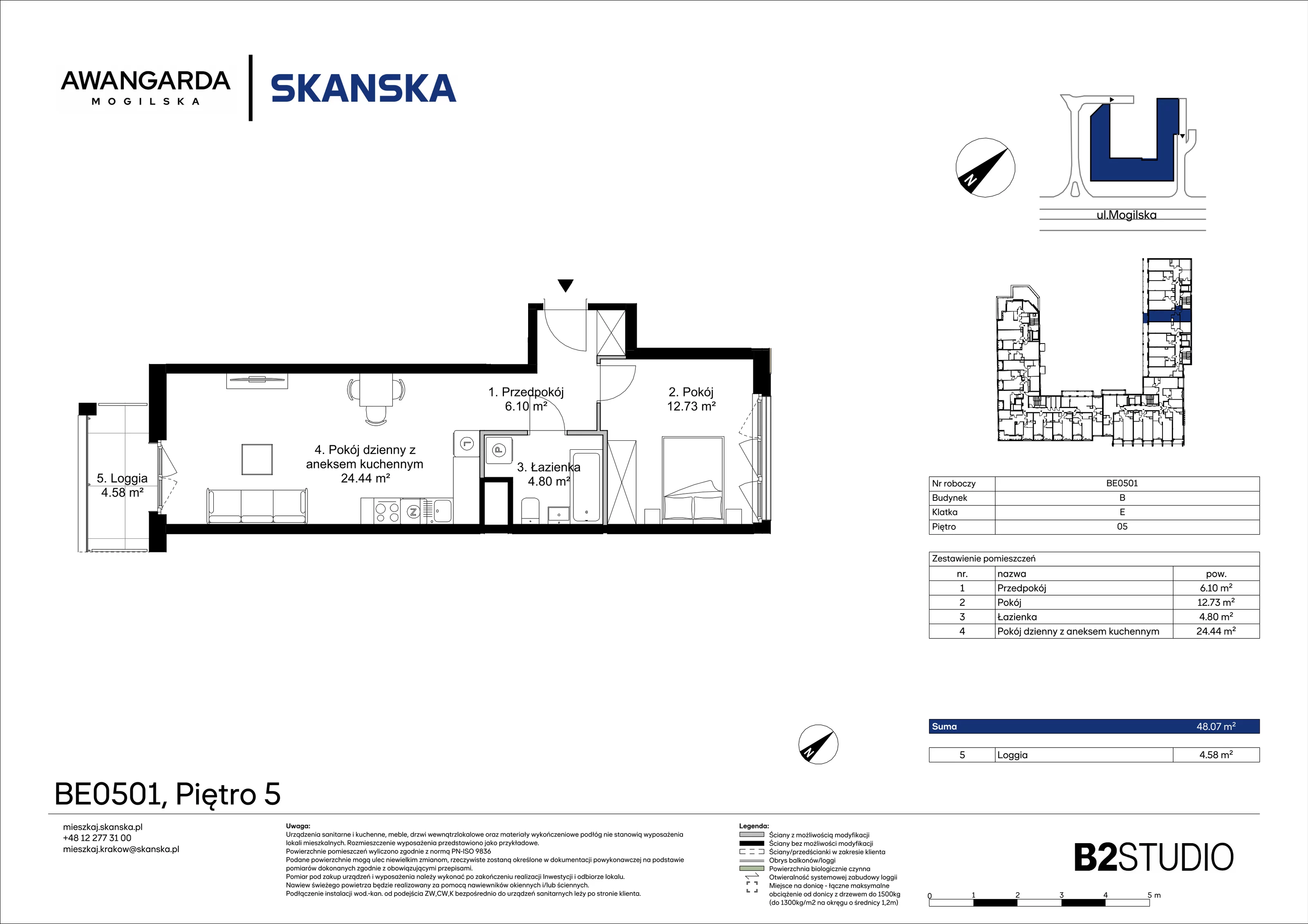 2 pokoje, mieszkanie 48,07 m², piętro 5, oferta nr 1BE0501, Awangarda Mogilska, Kraków, Prądnik Czerwony, Rakowice, ul. Mogilska 126