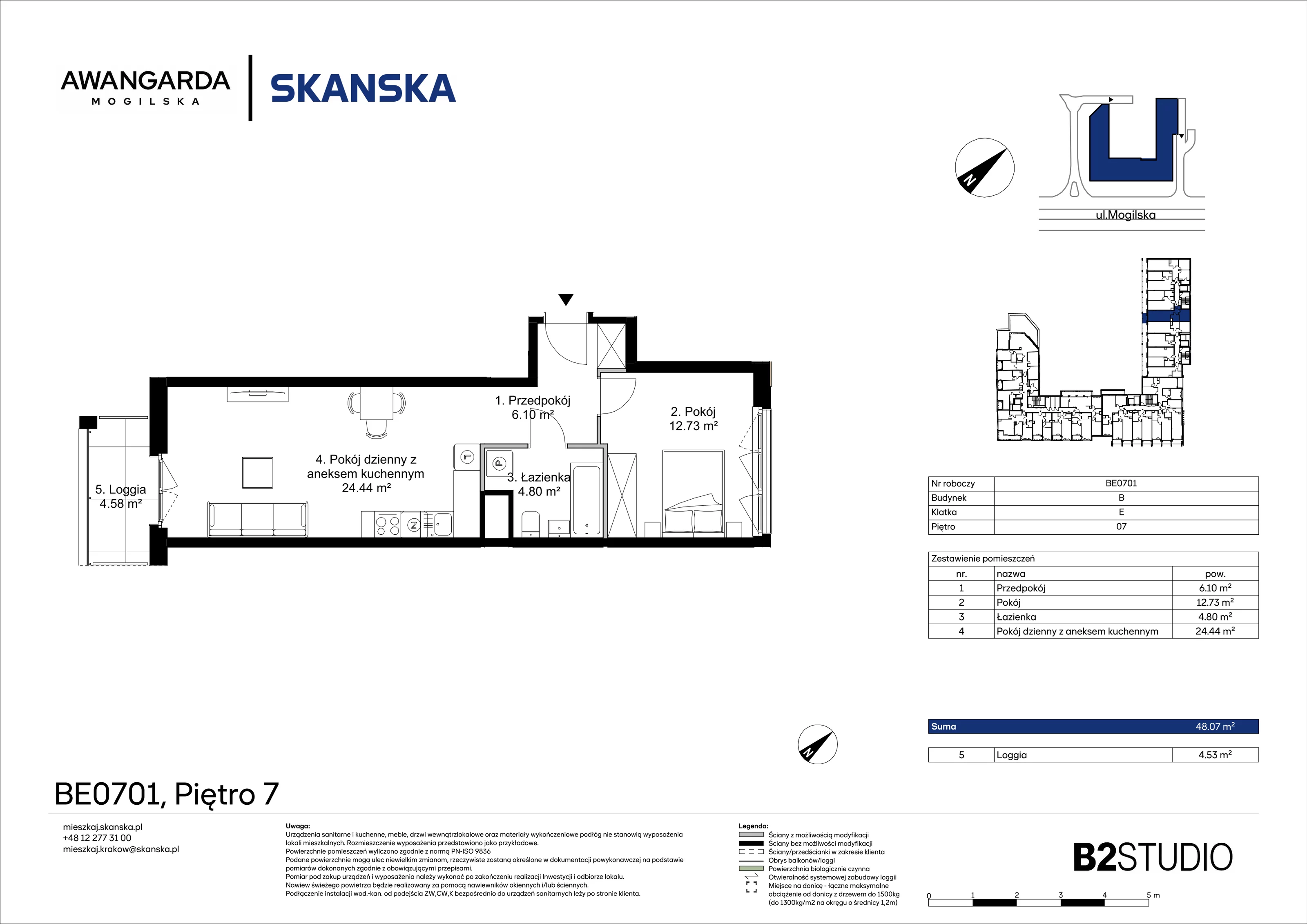 2 pokoje, mieszkanie 48,07 m², piętro 7, oferta nr 1BE0701, Awangarda Mogilska, Kraków, Prądnik Czerwony, Rakowice, ul. Mogilska 126