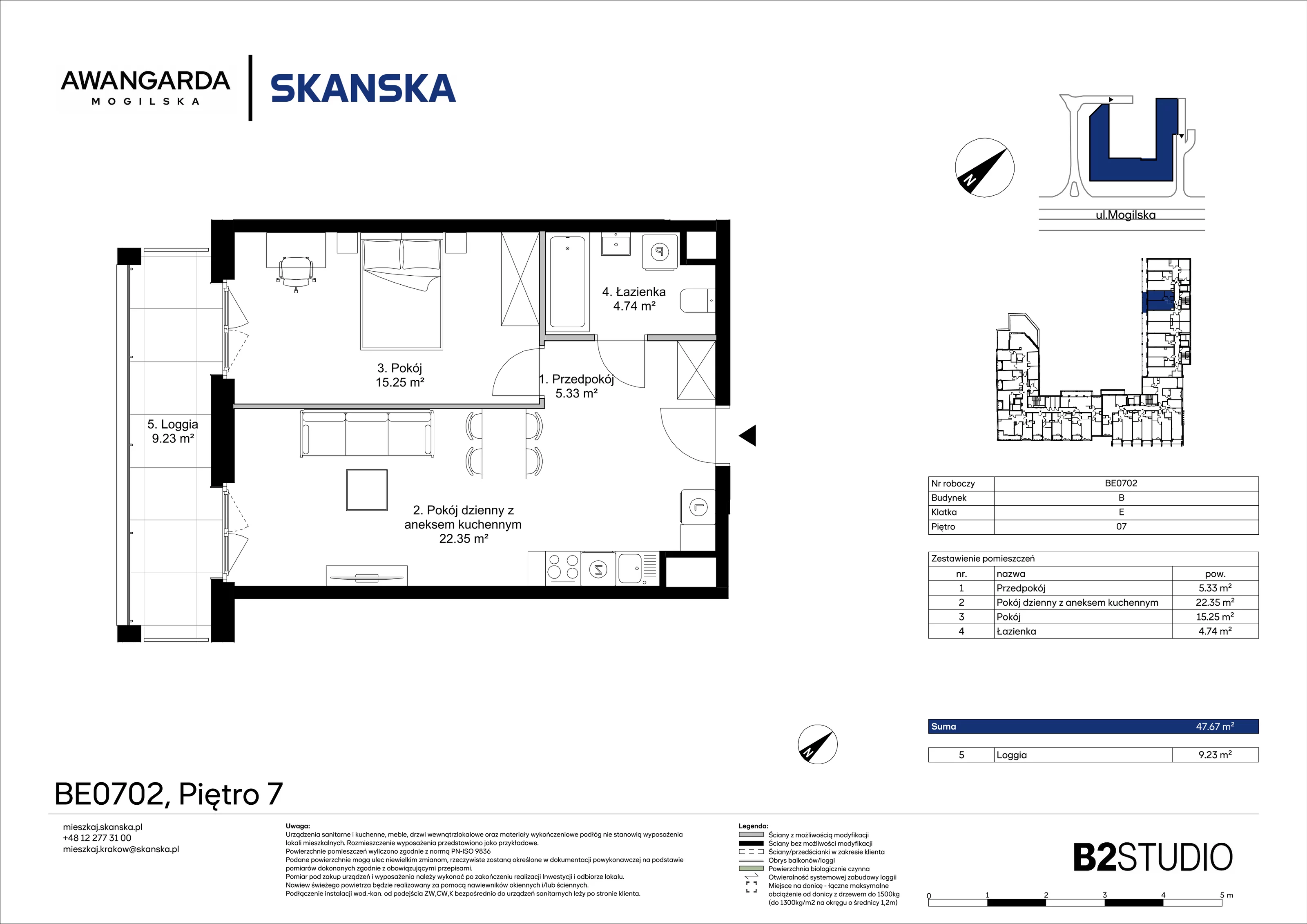 2 pokoje, mieszkanie 47,67 m², piętro 7, oferta nr 1BE0702, Awangarda Mogilska, Kraków, Prądnik Czerwony, Rakowice, ul. Mogilska 126