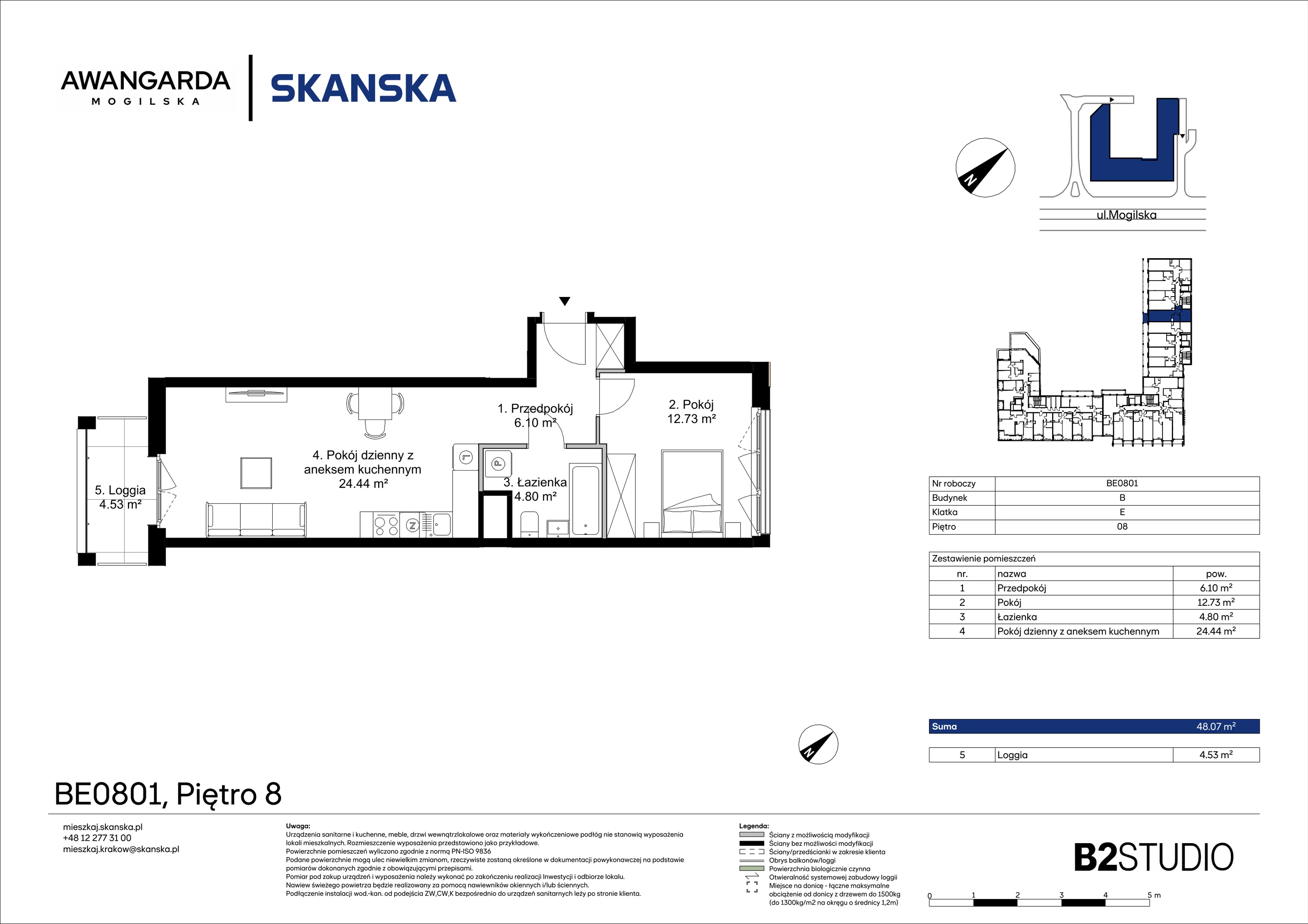 2 pokoje, mieszkanie 48,07 m², piętro 8, oferta nr 1BE0801, Awangarda Mogilska, Kraków, Prądnik Czerwony, Rakowice, ul. Mogilska 126
