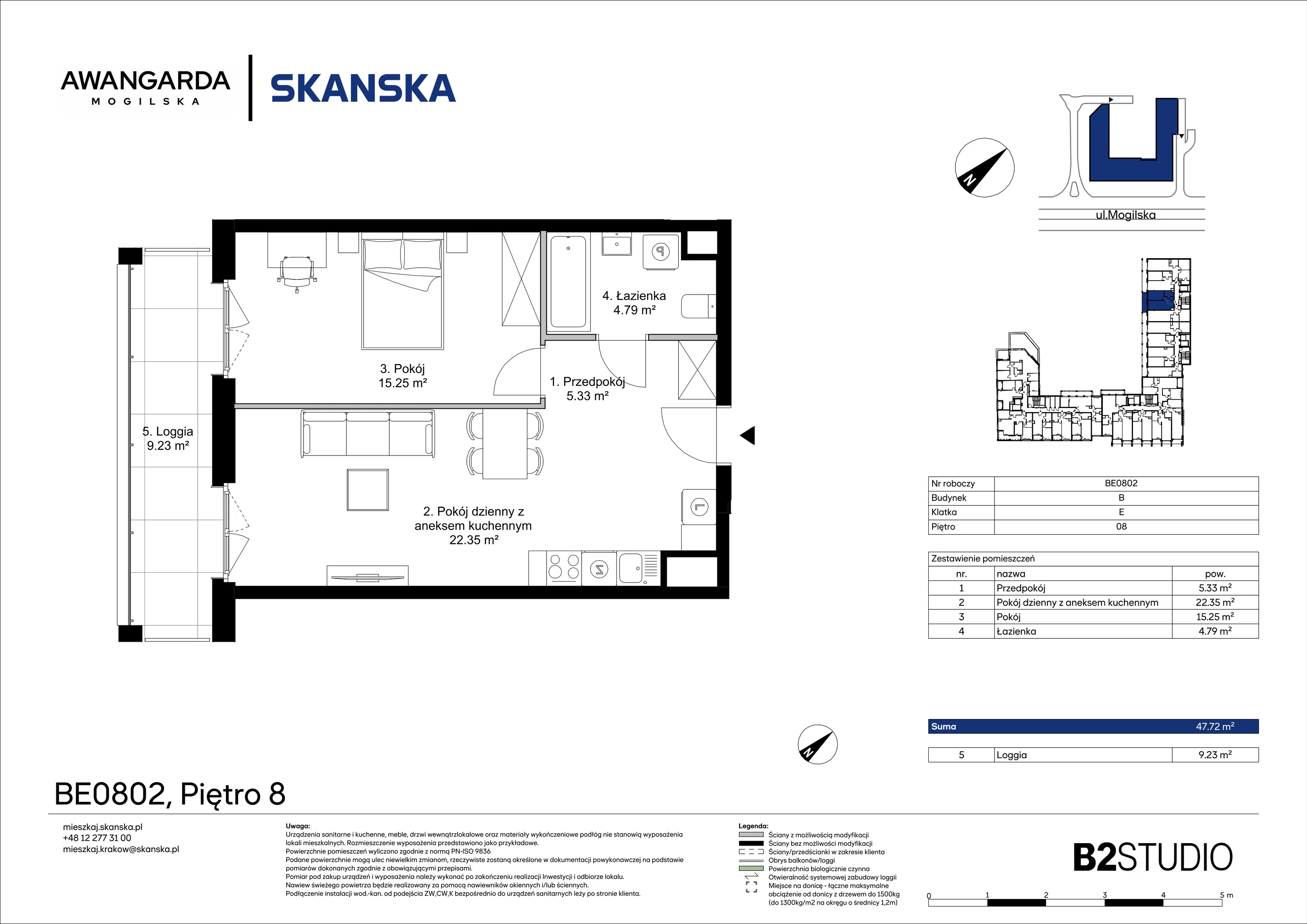 2 pokoje, mieszkanie 47,72 m², piętro 8, oferta nr 1BE0802, Awangarda Mogilska, Kraków, Prądnik Czerwony, Rakowice, ul. Mogilska 126