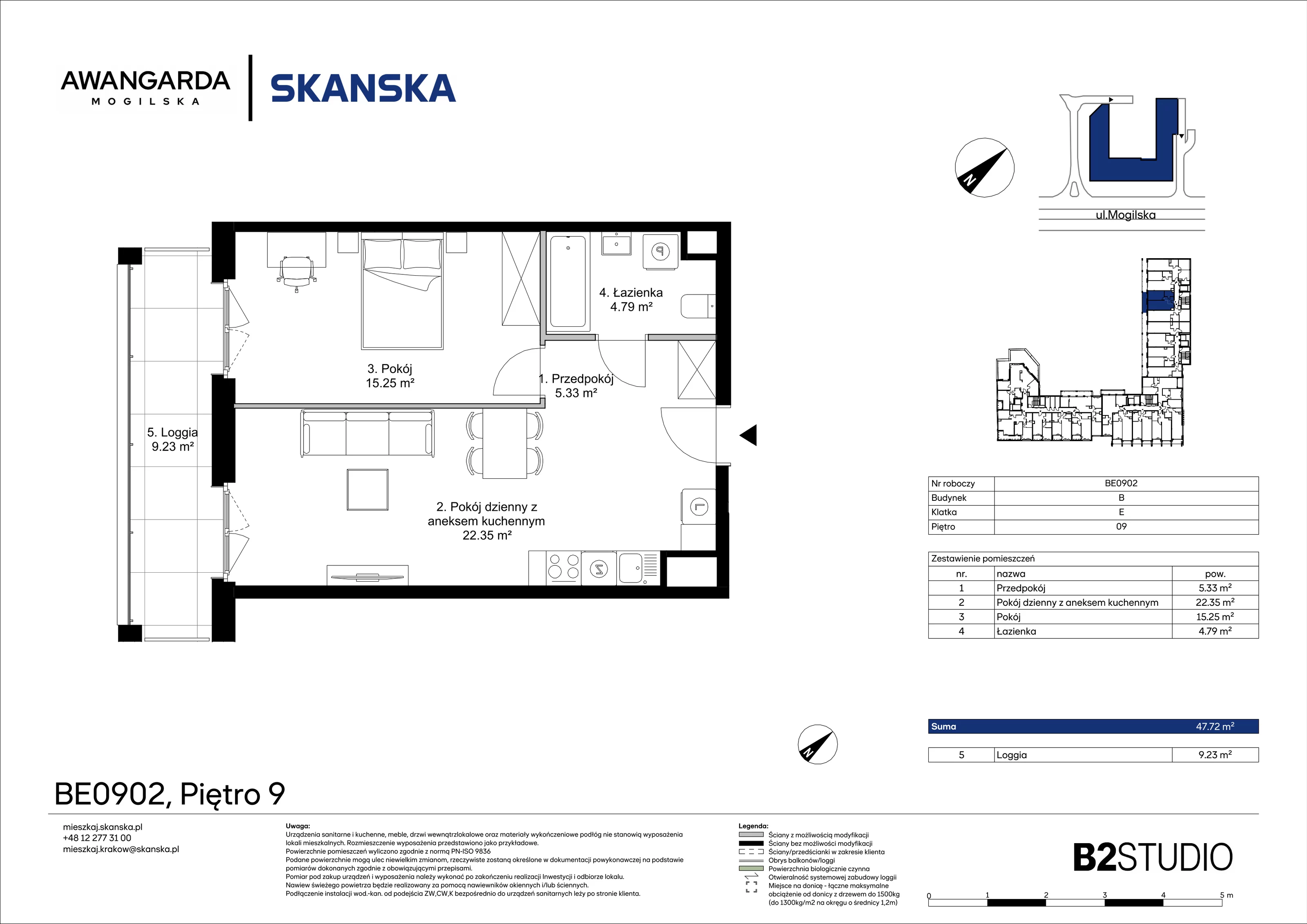 2 pokoje, mieszkanie 47,72 m², piętro 9, oferta nr 1BE0902, Awangarda Mogilska, Kraków, Prądnik Czerwony, Rakowice, ul. Mogilska 126