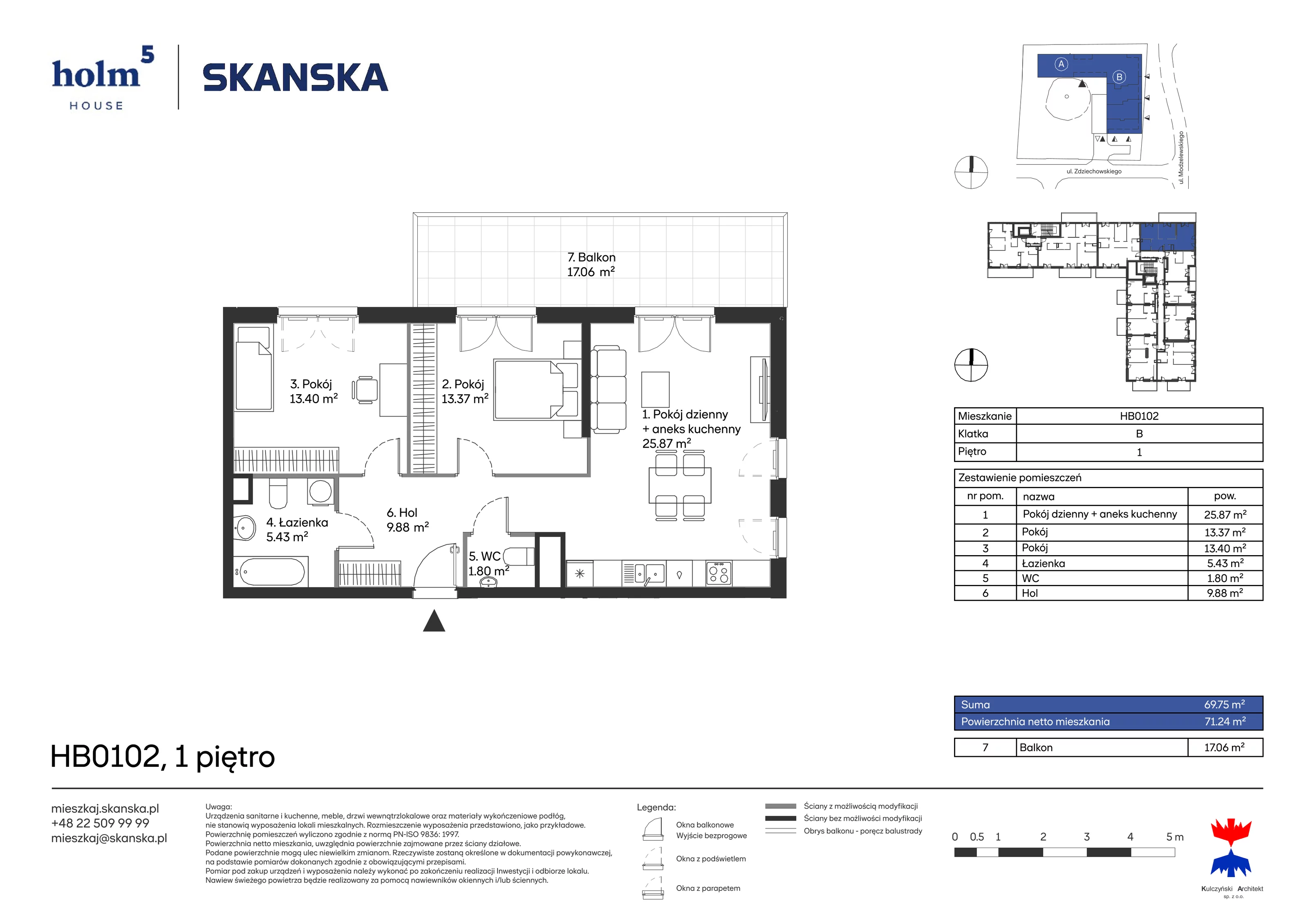 Apartament 69,75 m², piętro 1, oferta nr HB0102, Holm House, Warszawa, Mokotów, Ksawerów, ul. Zdziechowskiego