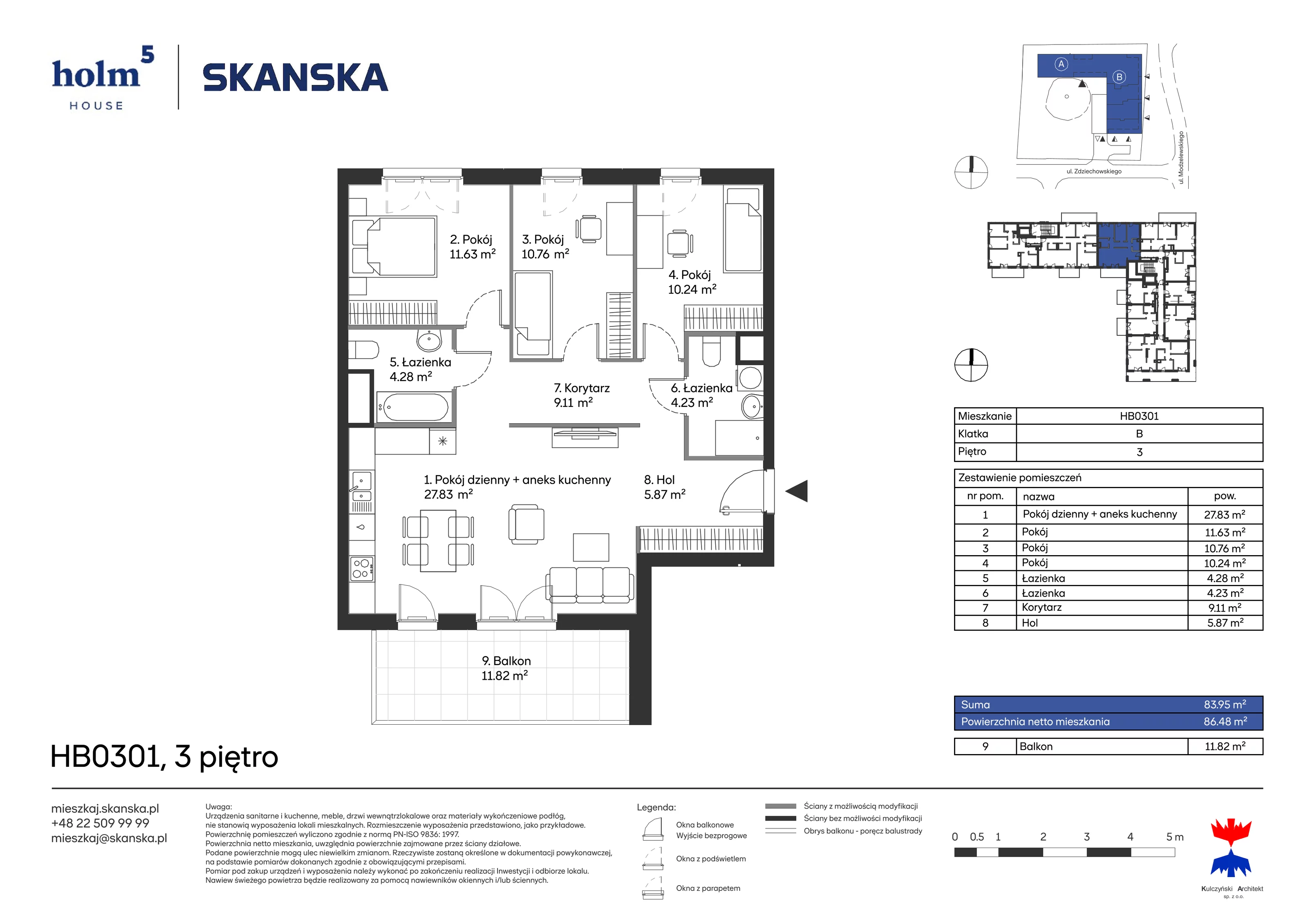 Mieszkanie 83,95 m², piętro 3, oferta nr HB0301, Holm House, Warszawa, Mokotów, Ksawerów, ul. Zdziechowskiego