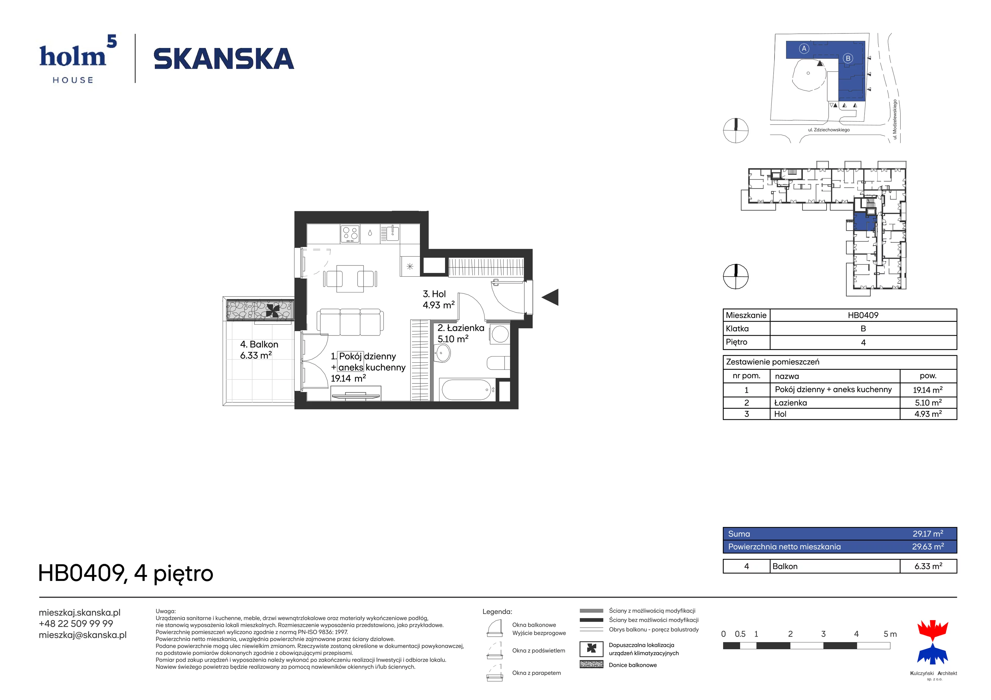 Apartament 29,17 m², piętro 4, oferta nr HB0409, Holm House, Warszawa, Mokotów, Ksawerów, ul. Zdziechowskiego