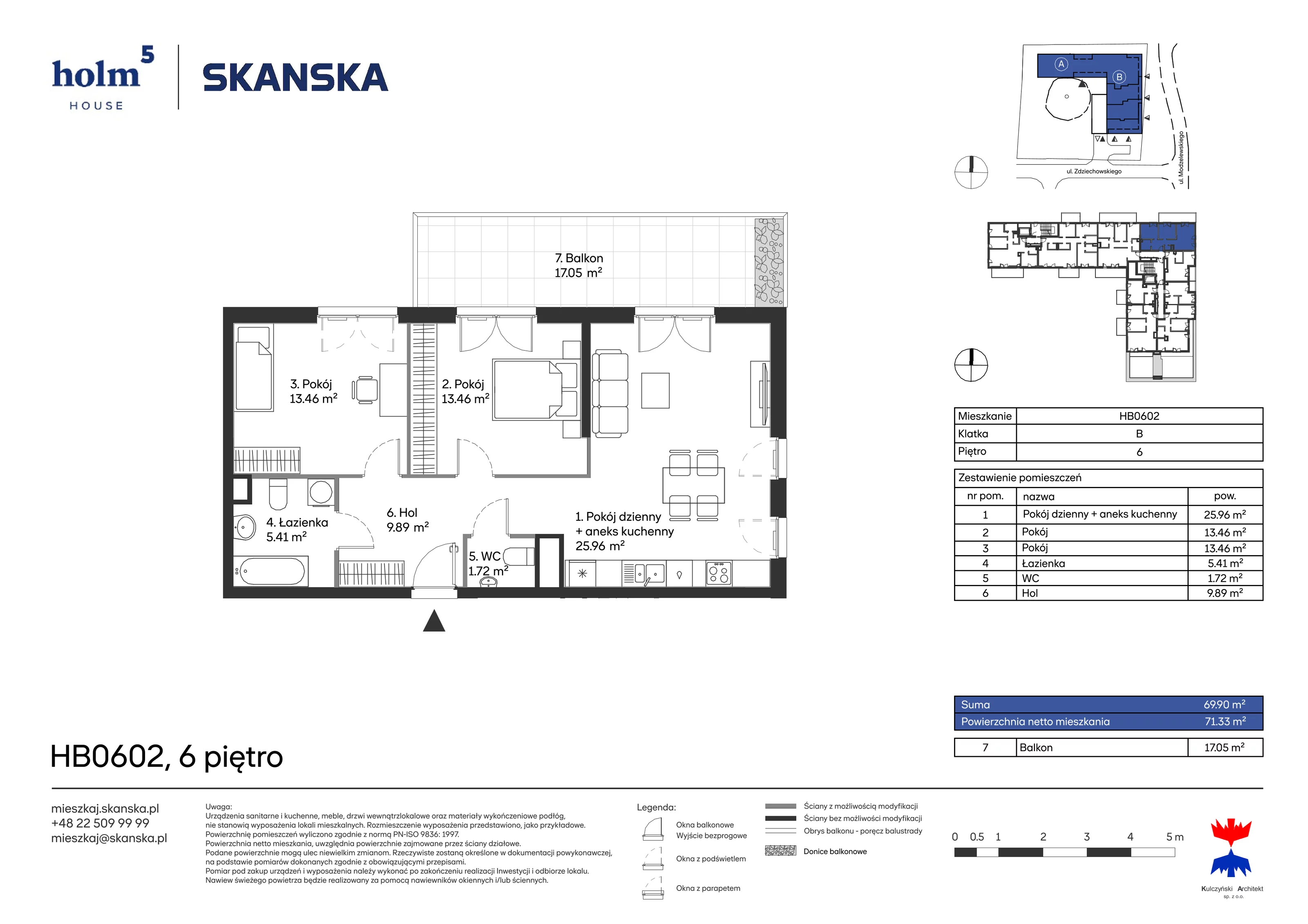 Apartament 69,90 m², piętro 6, oferta nr HB0602, Holm House, Warszawa, Mokotów, Ksawerów, ul. Zdziechowskiego