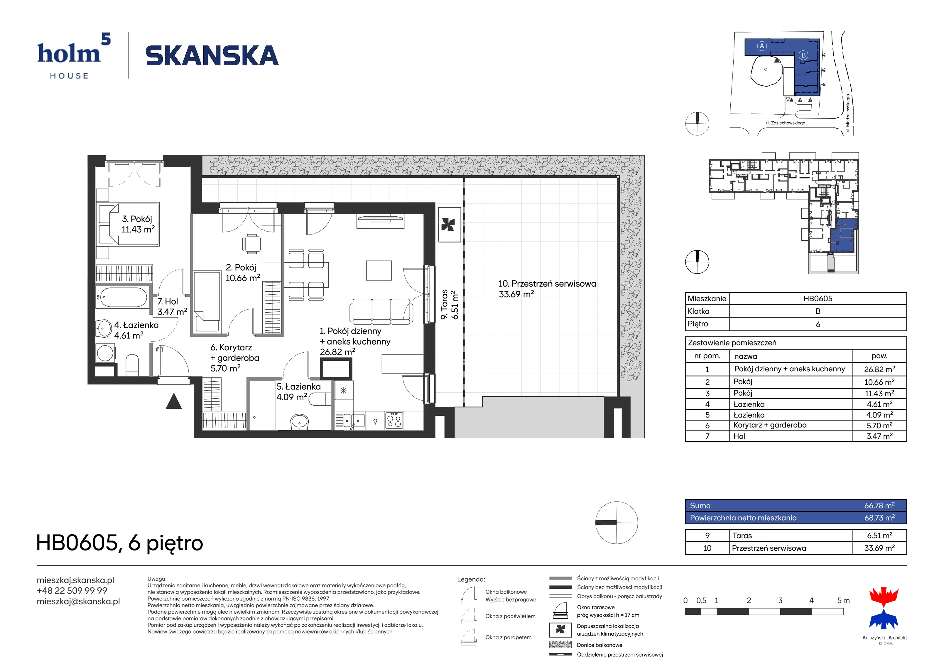 Apartament 66,78 m², piętro 6, oferta nr HB0605, Holm House, Warszawa, Mokotów, Ksawerów, ul. Zdziechowskiego