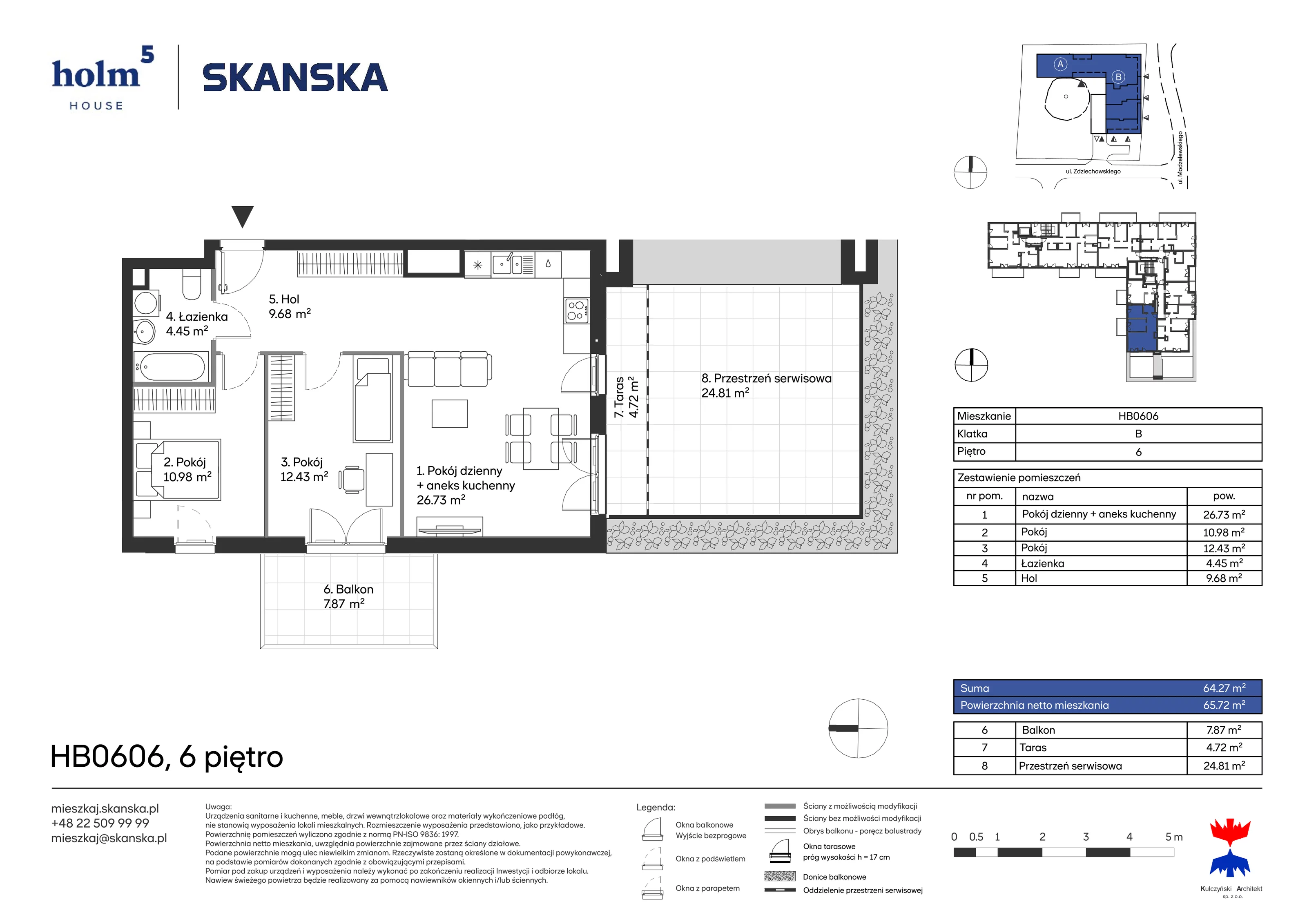 Apartament 64,27 m², piętro 6, oferta nr HB0606, Holm House, Warszawa, Mokotów, Ksawerów, ul. Zdziechowskiego