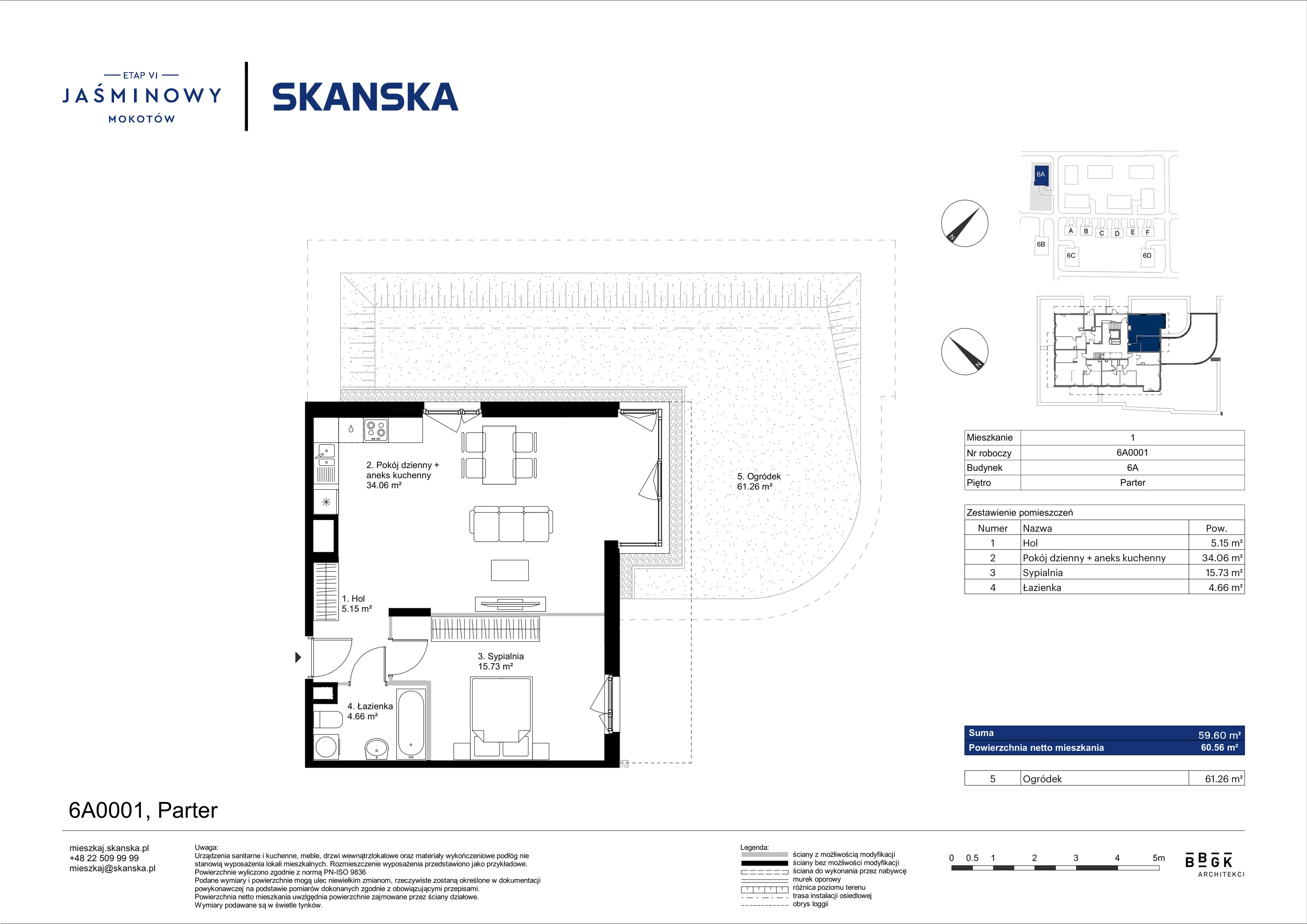 Mieszkanie 59,60 m², parter, oferta nr 6A0001, Jaśminowy Mokotów VI Wille Miejskie, Warszawa, Mokotów, Stegny, ul. Białego Dębu