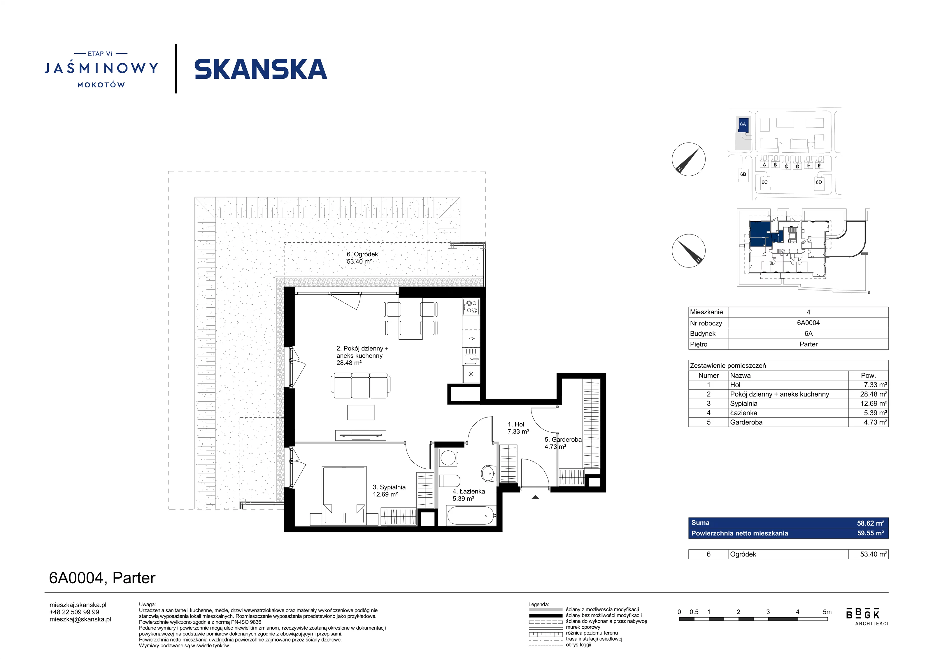 Mieszkanie 58,62 m², parter, oferta nr 6A0004, Jaśminowy Mokotów VI Wille Miejskie, Warszawa, Mokotów, Stegny, ul. Białego Dębu