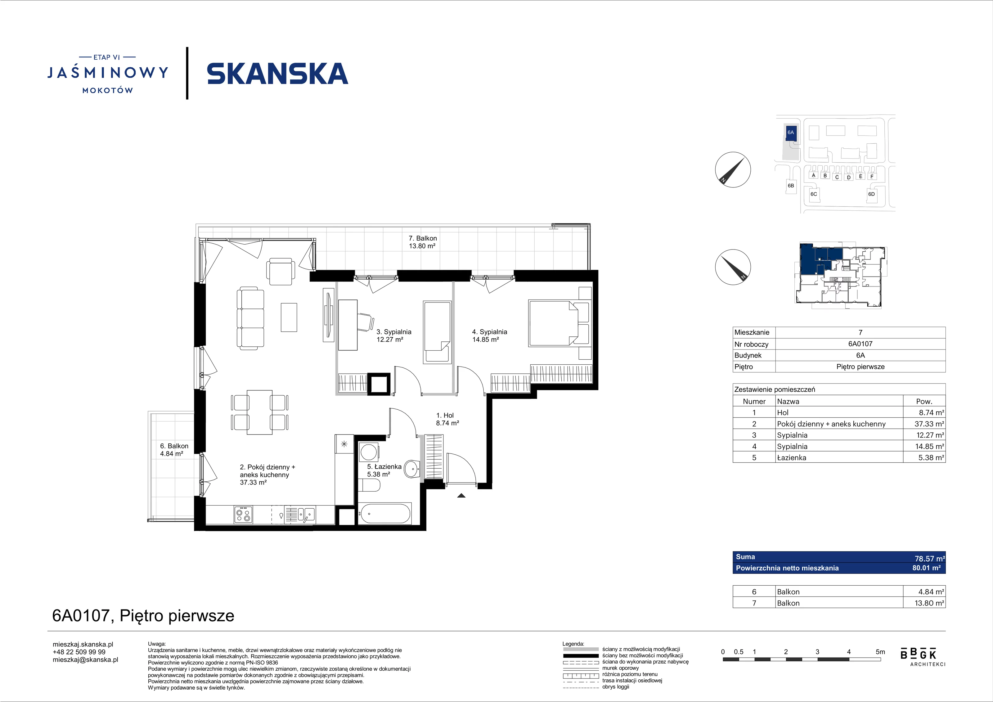 Mieszkanie 78,57 m², piętro 1, oferta nr 6A0107, Jaśminowy Mokotów VI Wille Miejskie, Warszawa, Mokotów, Stegny, ul. Białego Dębu