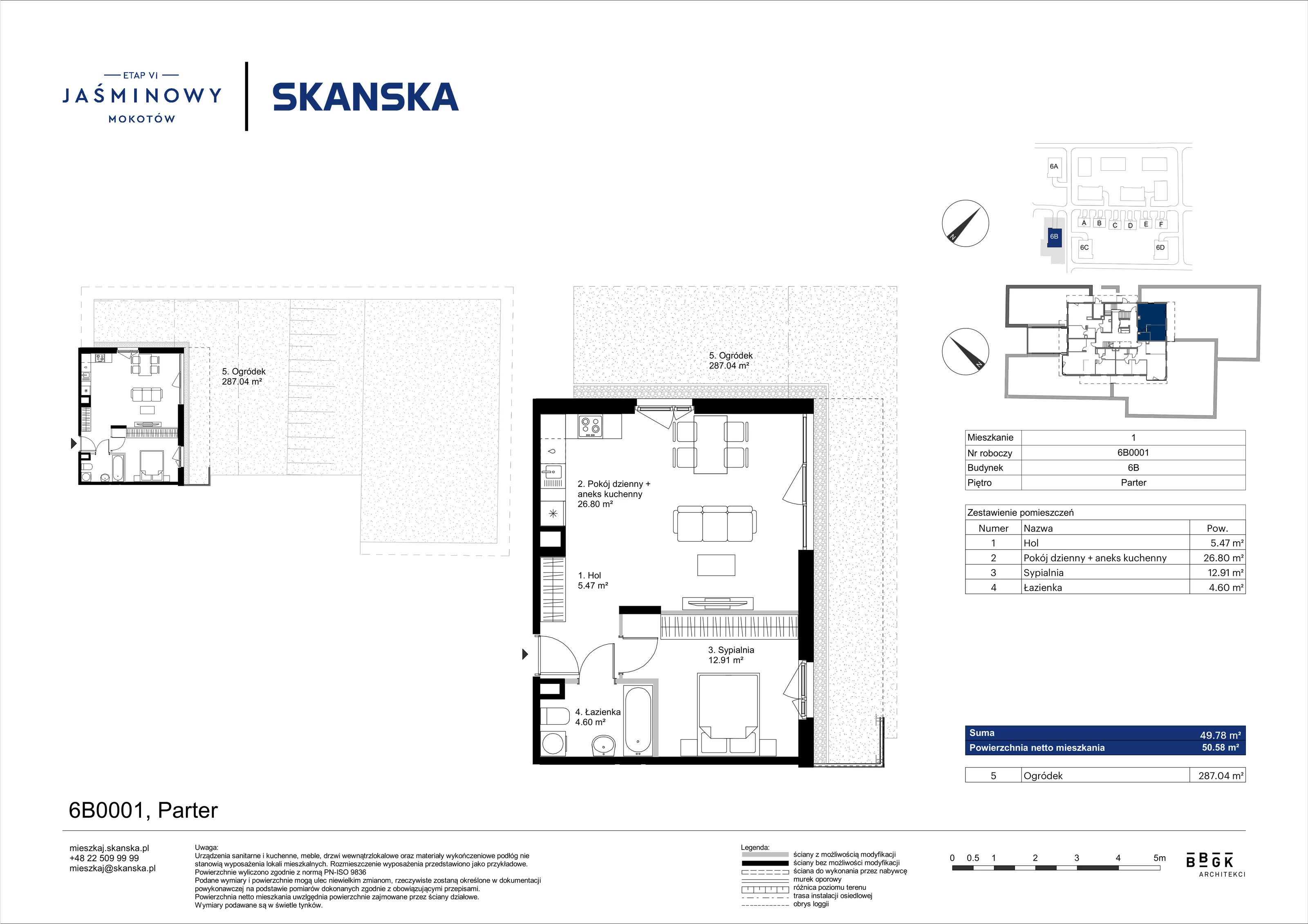 Mieszkanie 49,78 m², parter, oferta nr 6B0001, Jaśminowy Mokotów VI Wille Miejskie, Warszawa, Mokotów, Stegny, ul. Białego Dębu