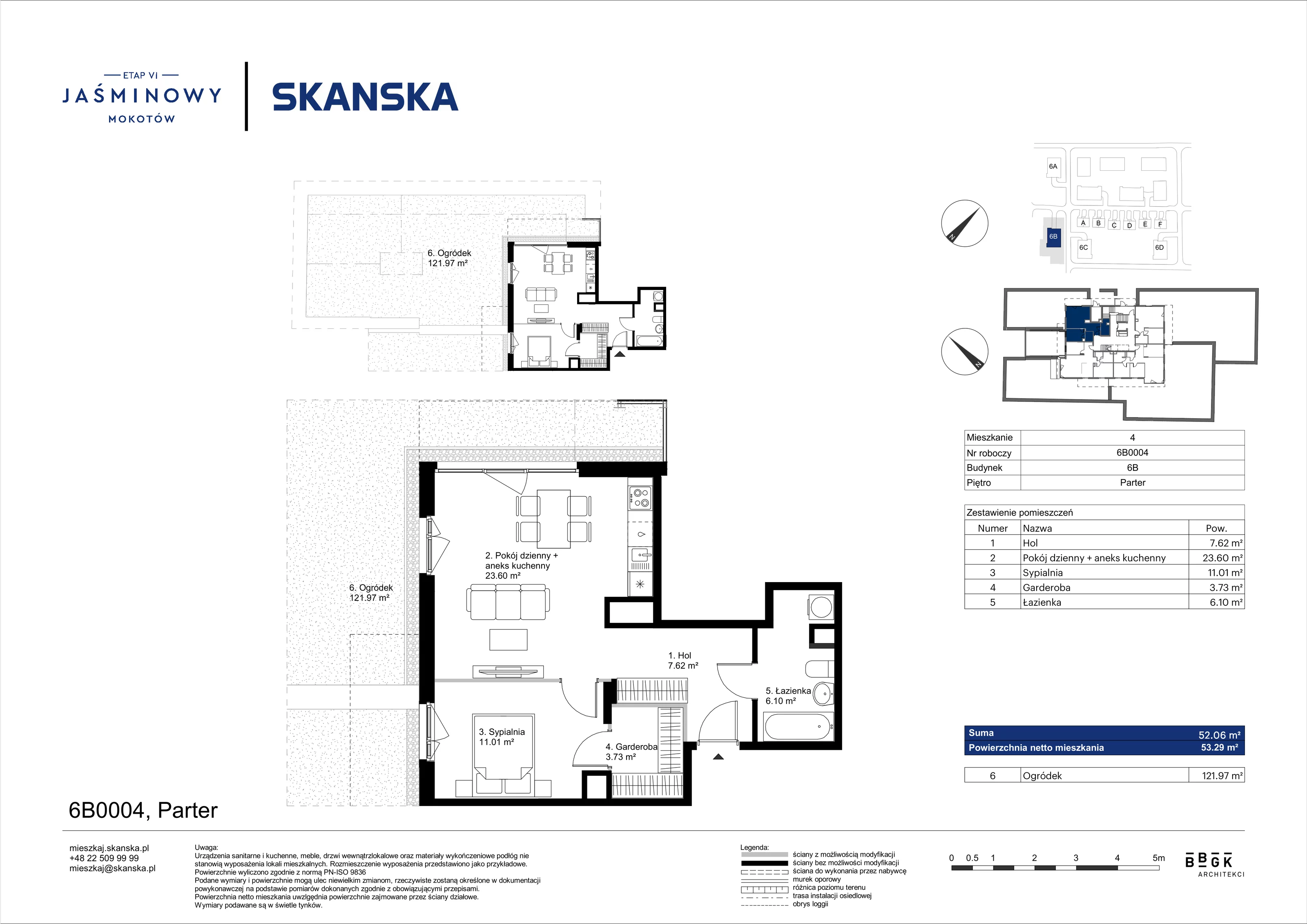 Mieszkanie 52,06 m², parter, oferta nr 6B0004, Jaśminowy Mokotów VI Wille Miejskie, Warszawa, Mokotów, Stegny, ul. Białego Dębu