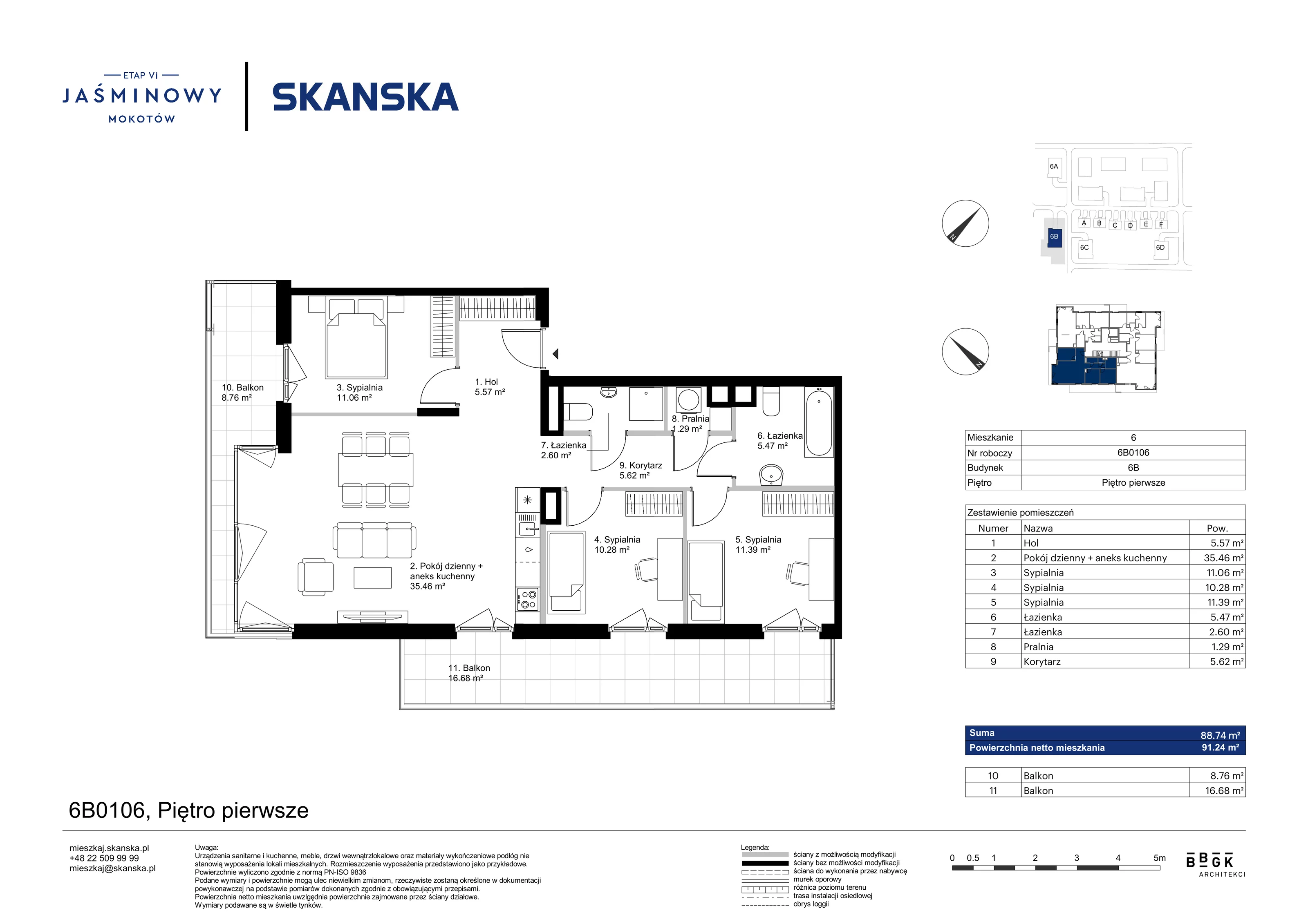 Mieszkanie 88,74 m², piętro 1, oferta nr 6B0106, Jaśminowy Mokotów VI Wille Miejskie, Warszawa, Mokotów, Stegny, ul. Białego Dębu