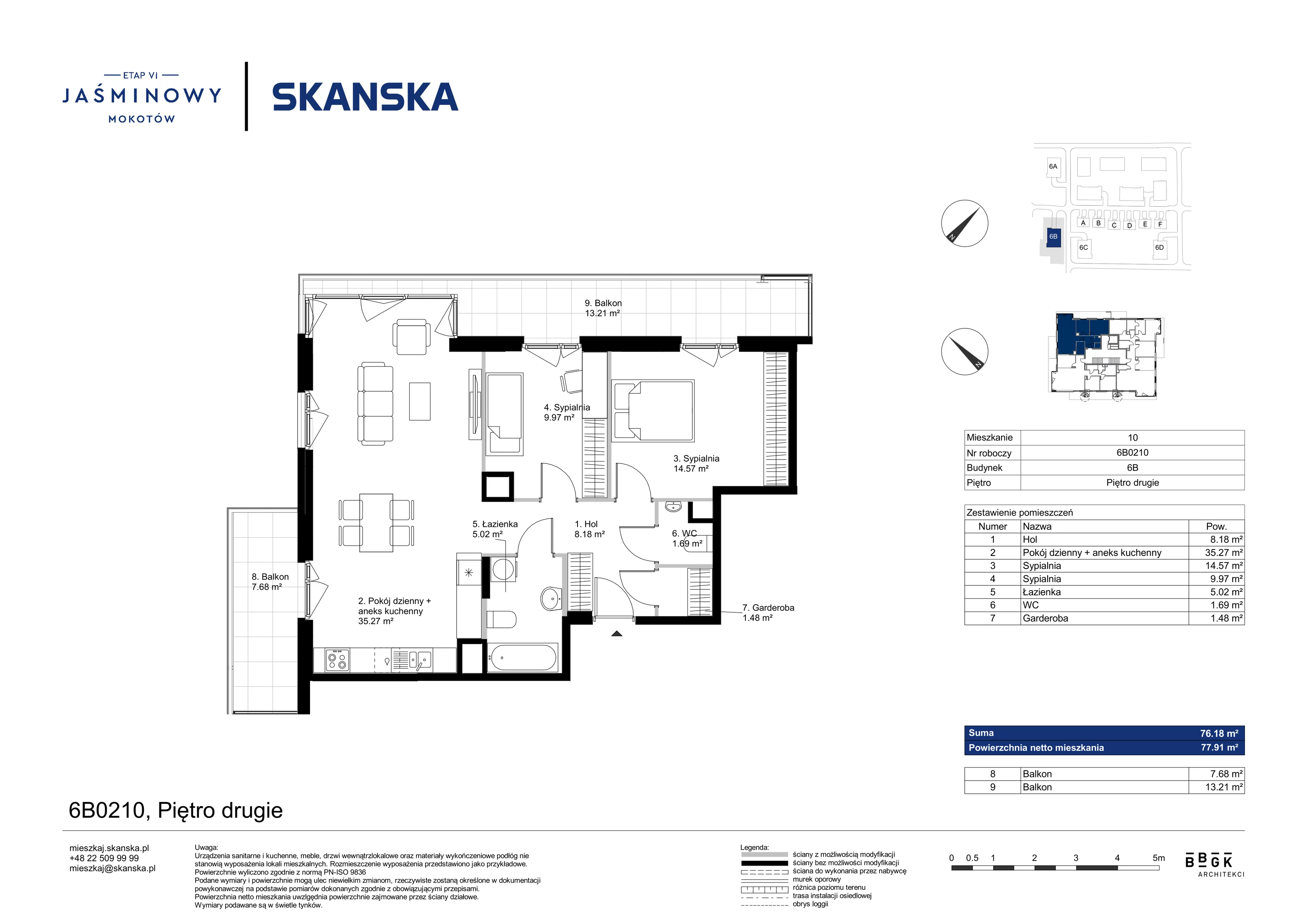 Mieszkanie 76,18 m², piętro 2, oferta nr 6B0210, Jaśminowy Mokotów VI Wille Miejskie, Warszawa, Mokotów, Stegny, ul. Białego Dębu