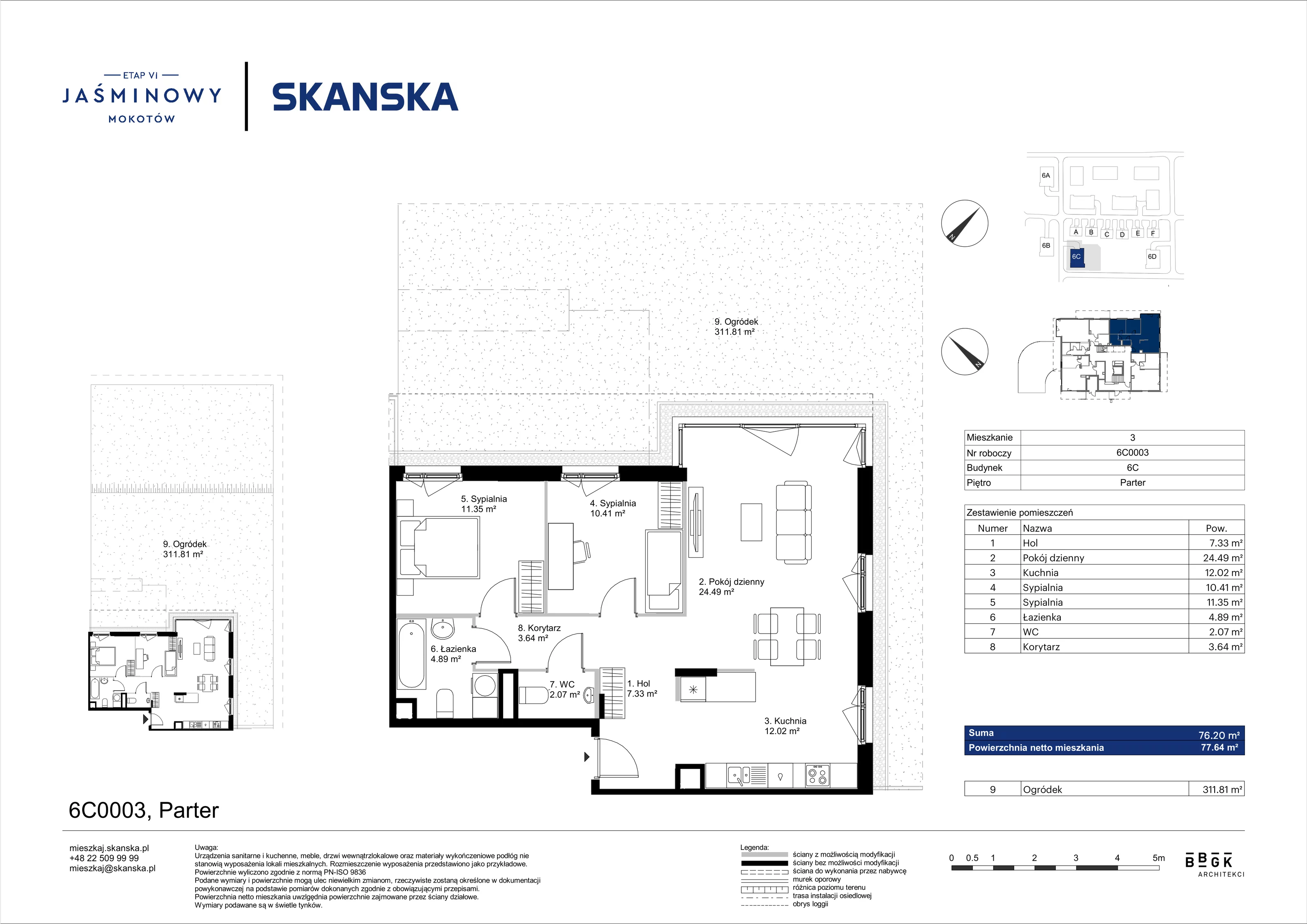 Mieszkanie 76,20 m², parter, oferta nr 6C0003, Jaśminowy Mokotów VI Wille Miejskie, Warszawa, Mokotów, Stegny, ul. Białego Dębu