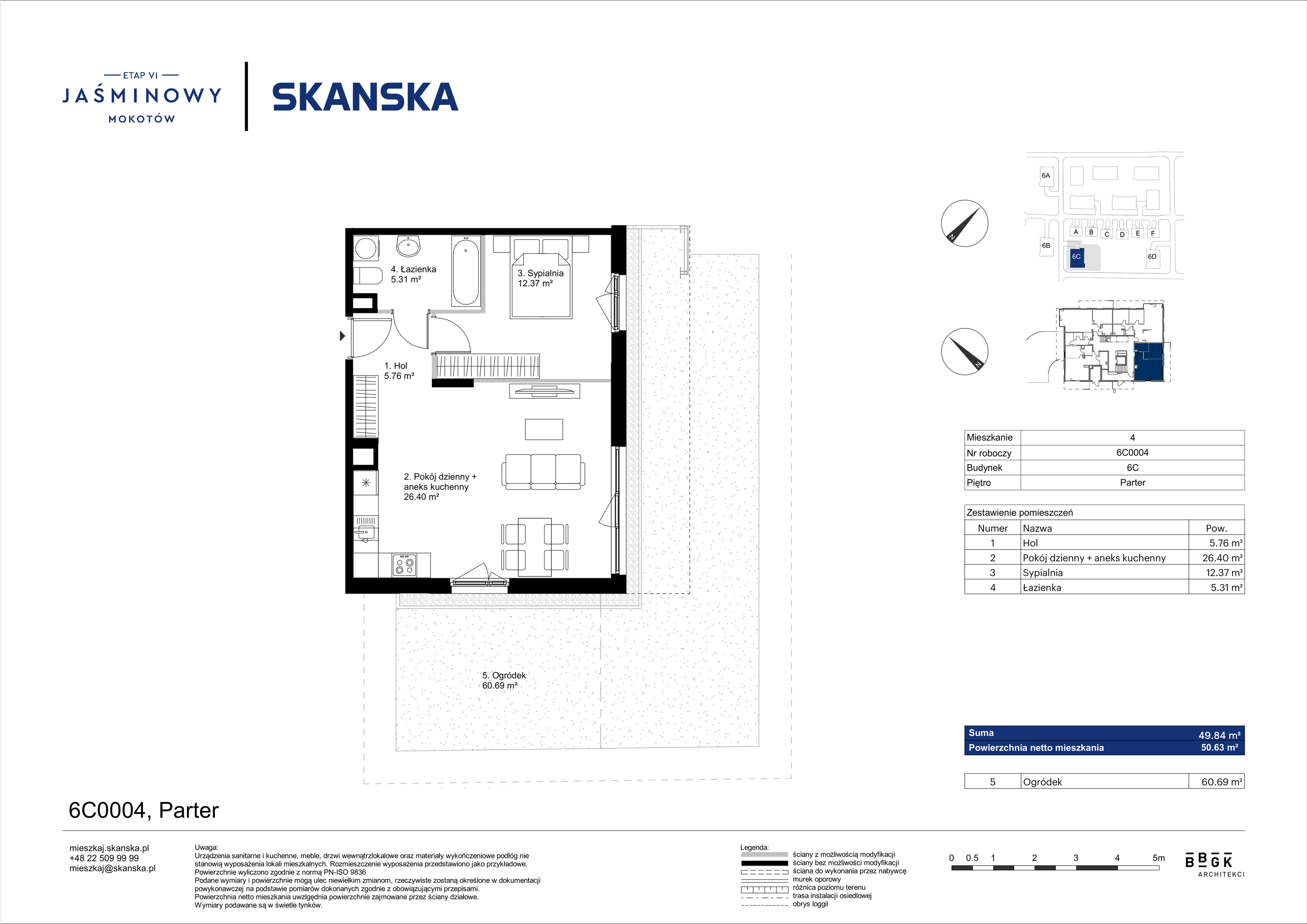 Mieszkanie 49,84 m², parter, oferta nr 6C0004, Jaśminowy Mokotów VI Wille Miejskie, Warszawa, Mokotów, Stegny, ul. Białego Dębu