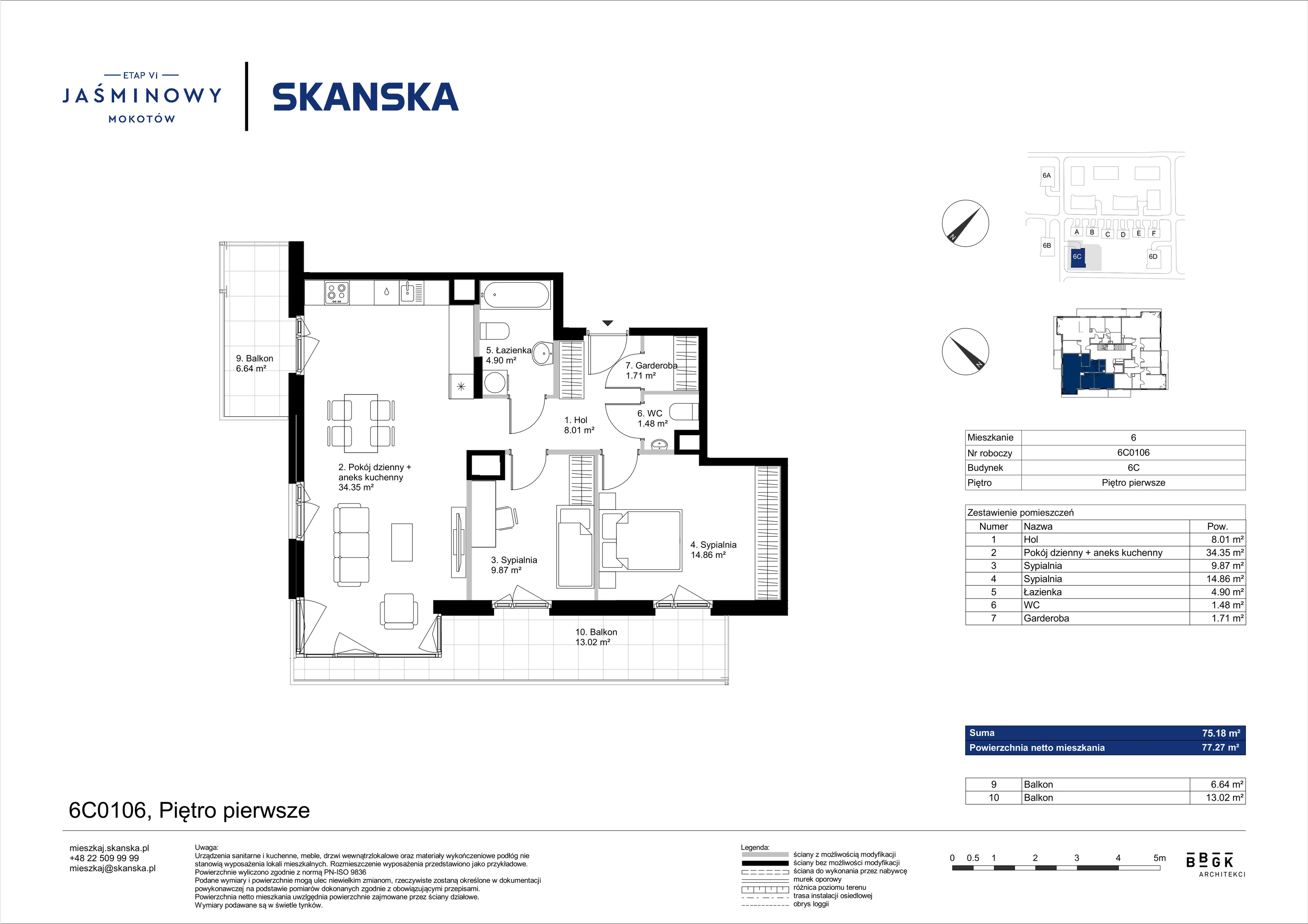 Mieszkanie 75,18 m², piętro 1, oferta nr 6C0106, Jaśminowy Mokotów VI Wille Miejskie, Warszawa, Mokotów, Stegny, ul. Białego Dębu