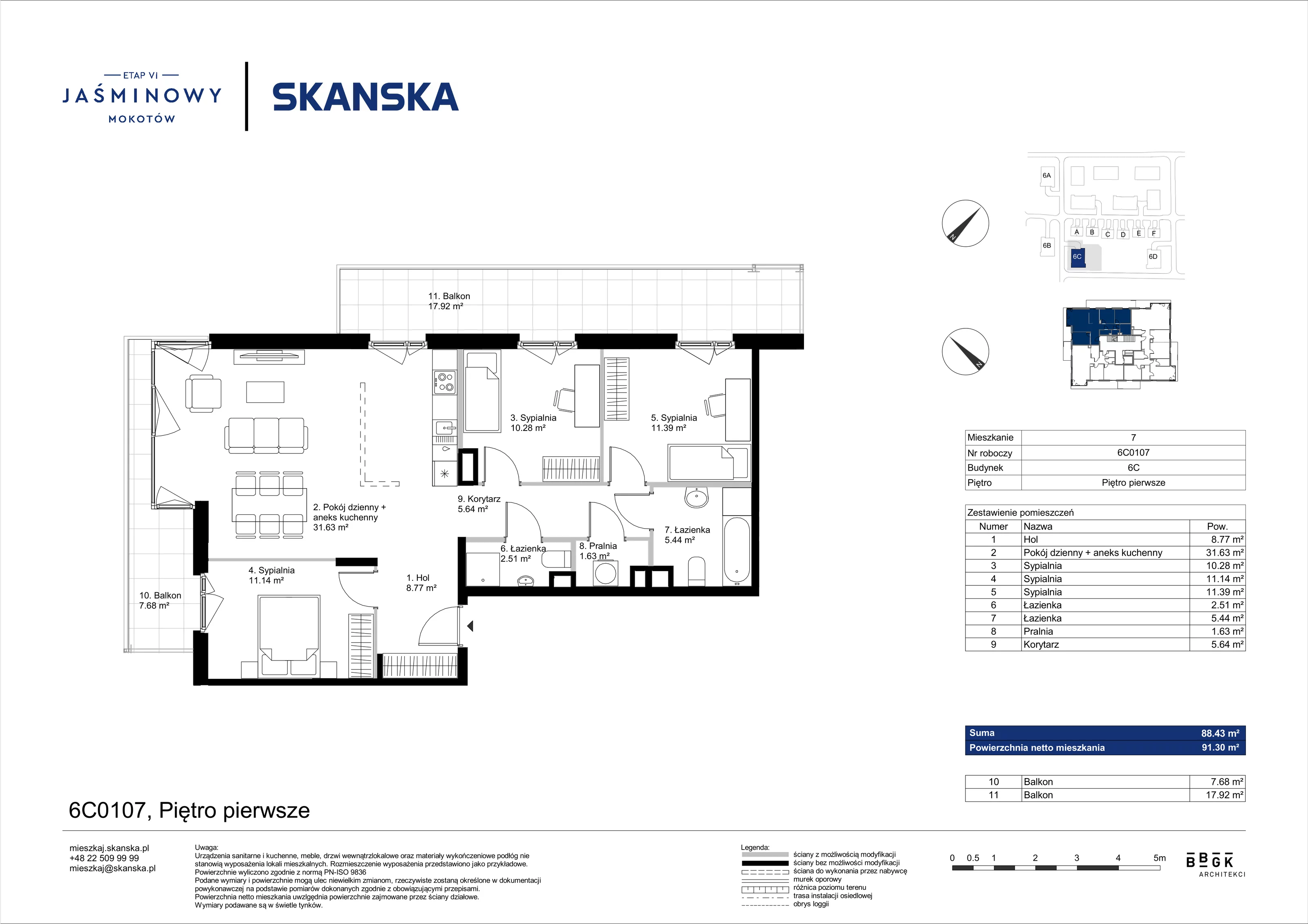 Mieszkanie 88,43 m², piętro 1, oferta nr 6C0107, Jaśminowy Mokotów VI Wille Miejskie, Warszawa, Mokotów, Stegny, ul. Białego Dębu