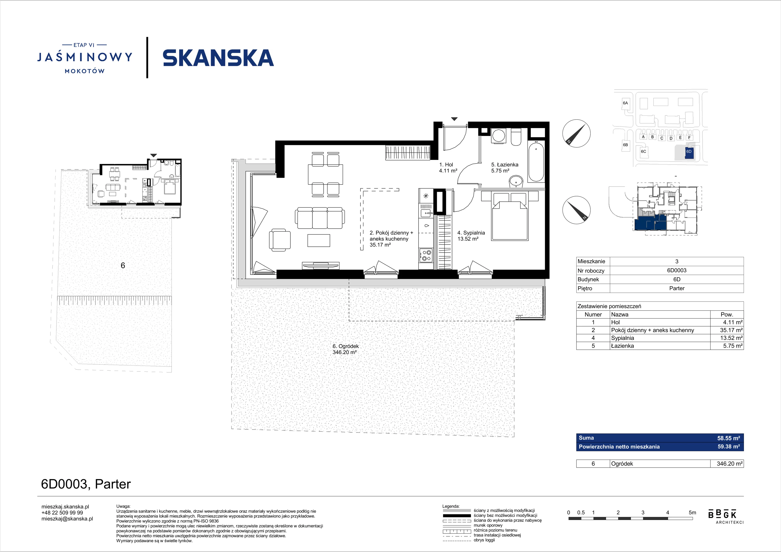 Mieszkanie 58,55 m², parter, oferta nr 6D0003, Jaśminowy Mokotów VI Wille Miejskie, Warszawa, Mokotów, Stegny, ul. Białego Dębu