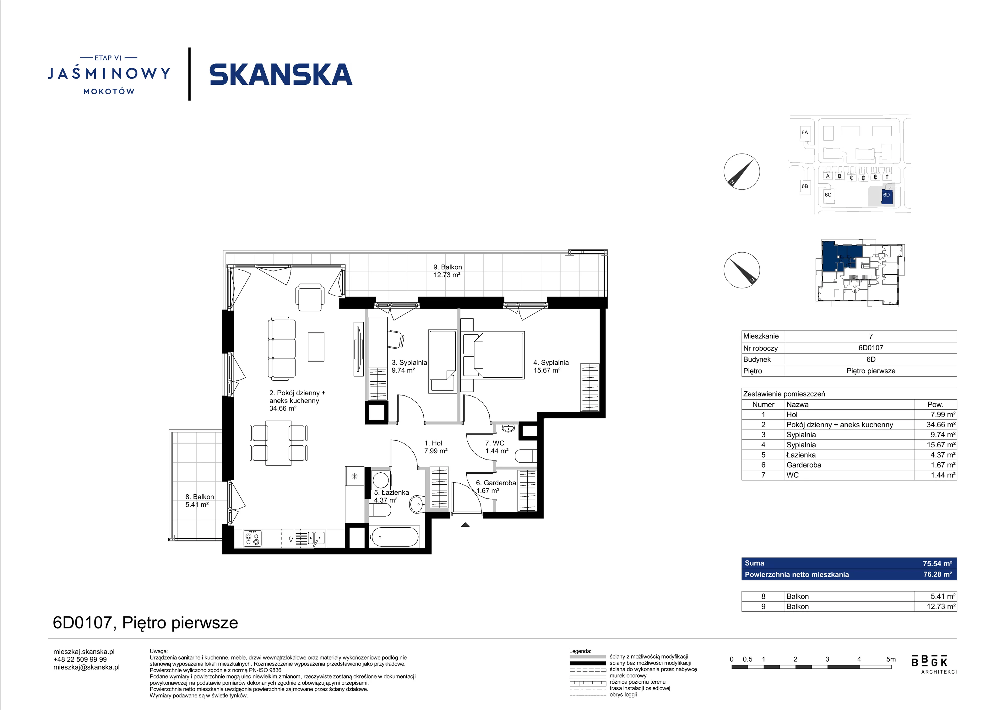 Mieszkanie 75,54 m², piętro 1, oferta nr 6D0107, Jaśminowy Mokotów VI Wille Miejskie, Warszawa, Mokotów, Stegny, ul. Białego Dębu