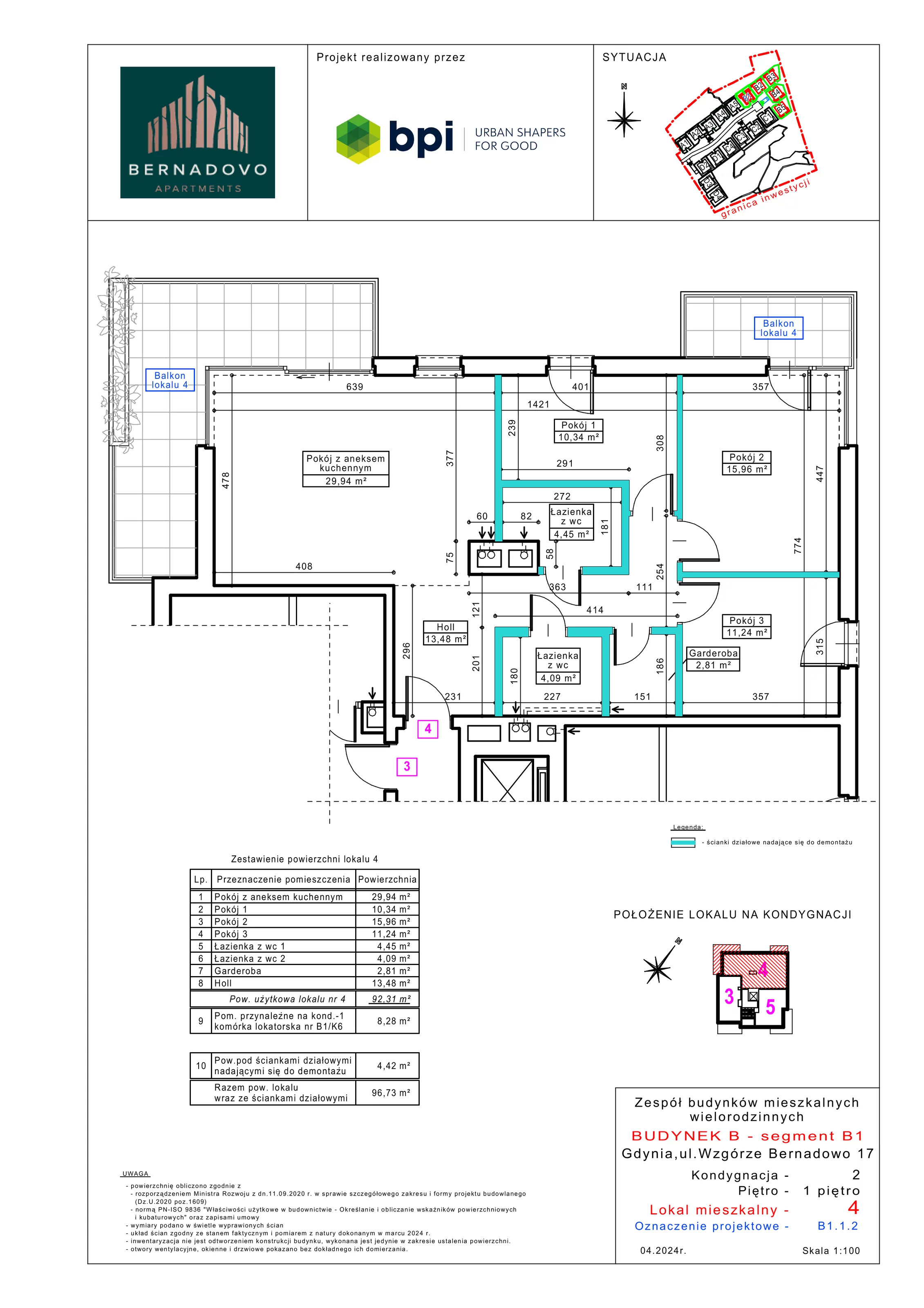 Mieszkanie 92,31 m², piętro 1, oferta nr B1.1.2, Bernadovo, Gdynia, Mały Kack, Mały Kack, ul. Wzgórze Bernadowo