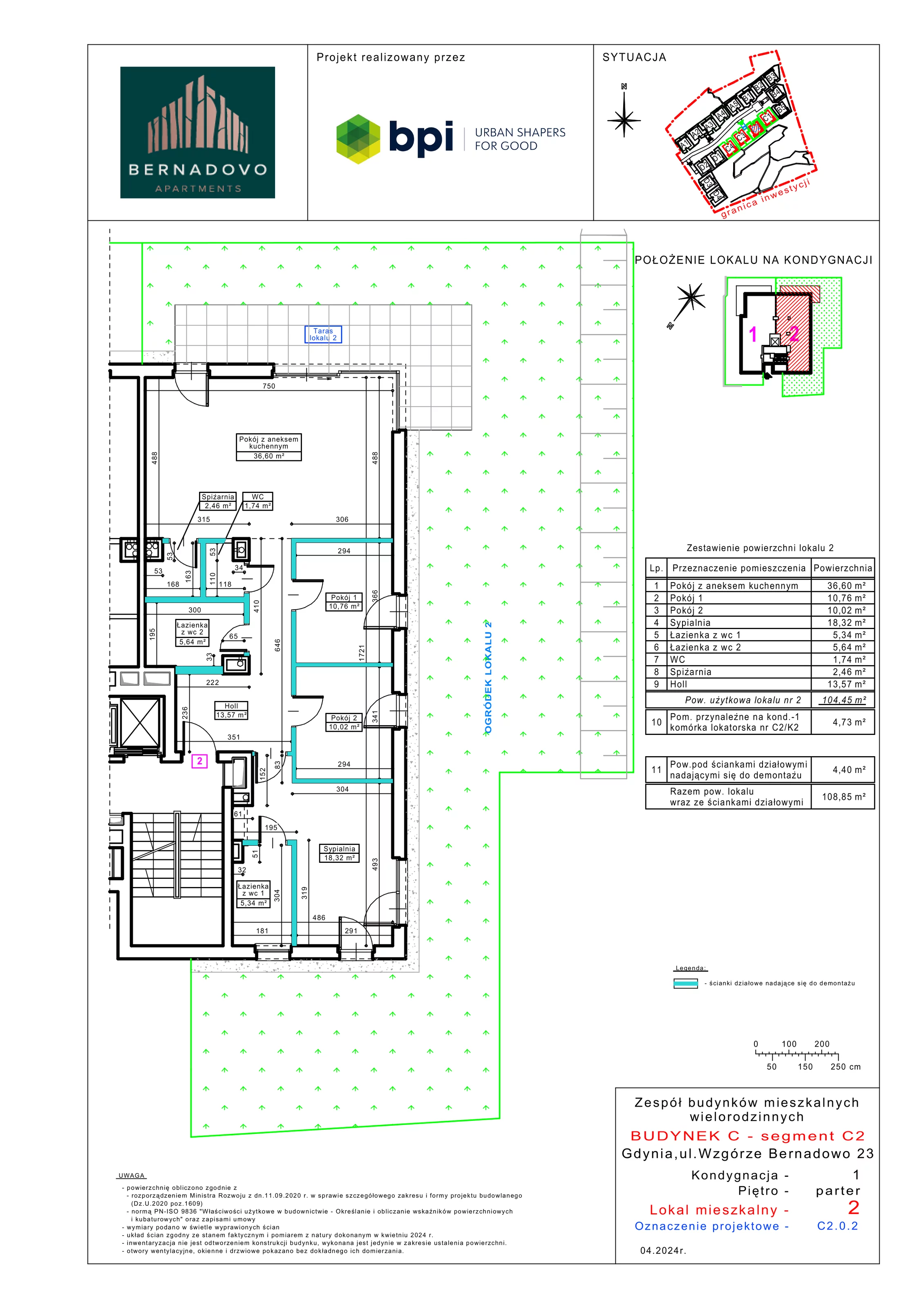 Mieszkanie 104,45 m², parter, oferta nr C2.0.2, Bernadovo, Gdynia, Mały Kack, Mały Kack, ul. Wzgórze Bernadowo