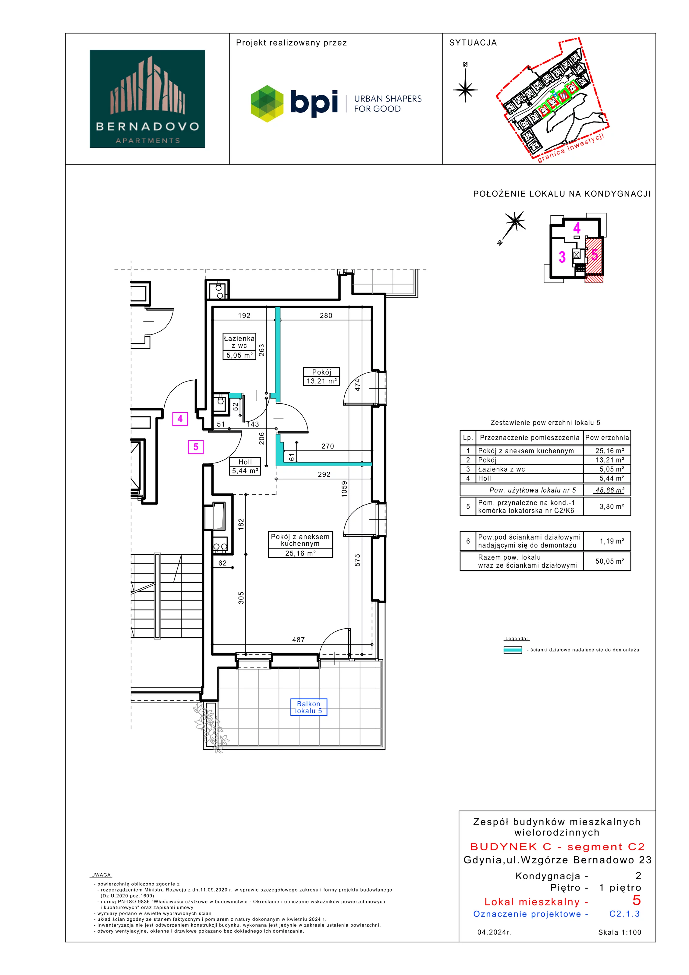 Mieszkanie 48,86 m², piętro 1, oferta nr C2.1.3, Bernadovo, Gdynia, Mały Kack, Mały Kack, ul. Wzgórze Bernadowo