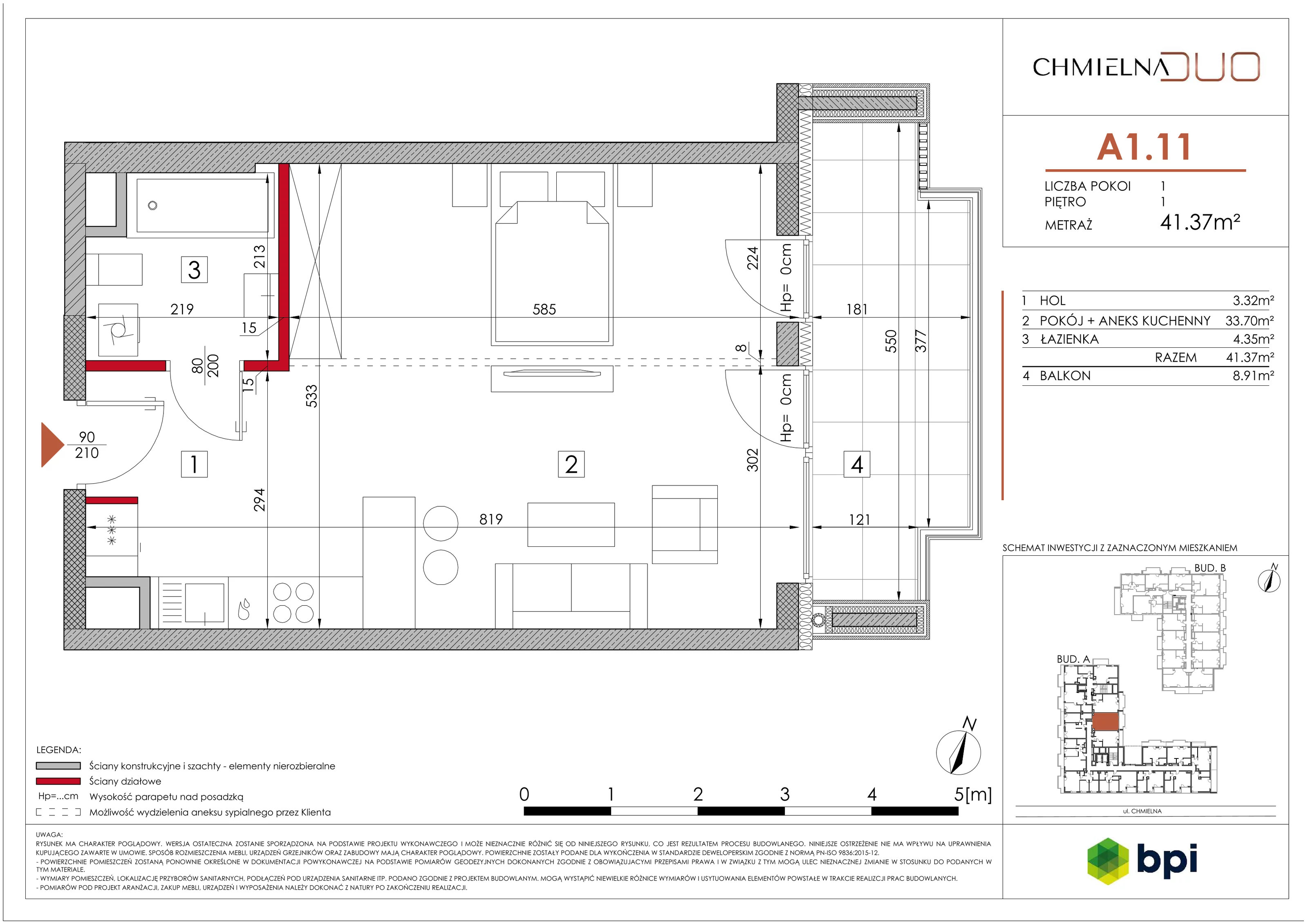 1 pokój, mieszkanie 41,51 m², piętro 1, oferta nr A1.11, Chmielna Duo, Warszawa, Wola, Mirów, ul. Chmielna