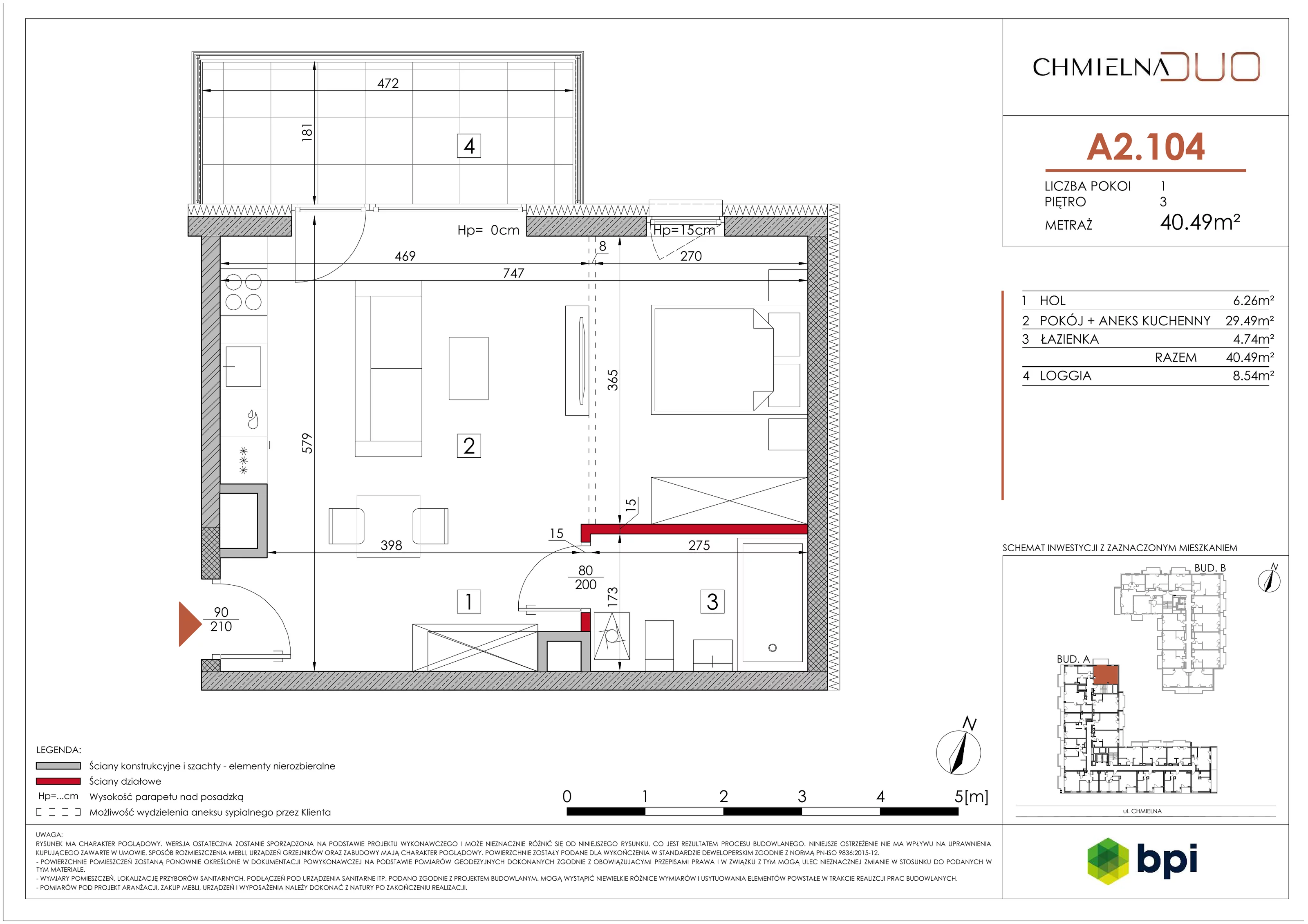 1 pokój, mieszkanie 40,63 m², piętro 3, oferta nr A2.104, Chmielna Duo, Warszawa, Wola, Mirów, ul. Chmielna