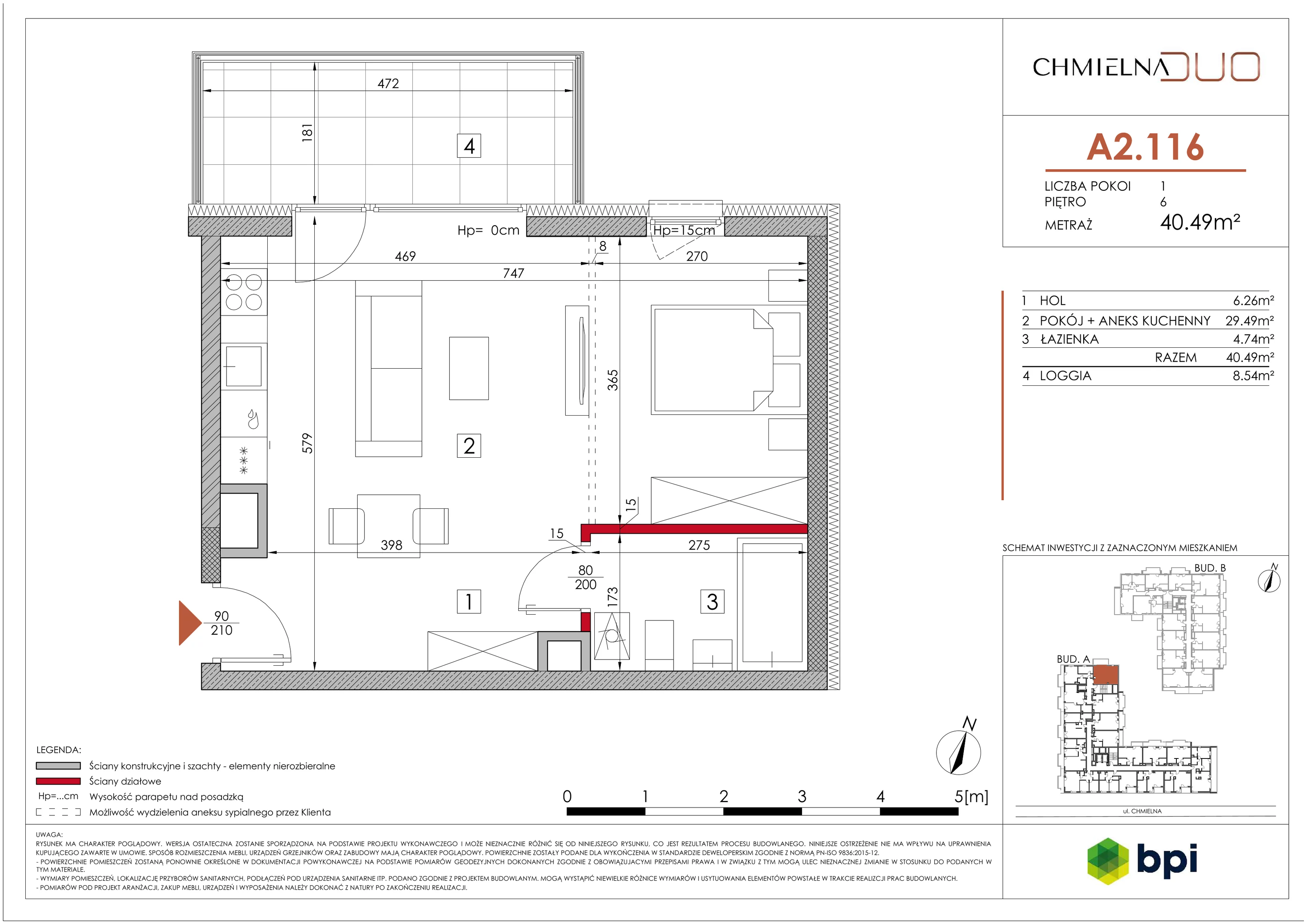 1 pokój, mieszkanie 40,79 m², piętro 6, oferta nr A2.116, Chmielna Duo, Warszawa, Wola, Mirów, ul. Chmielna