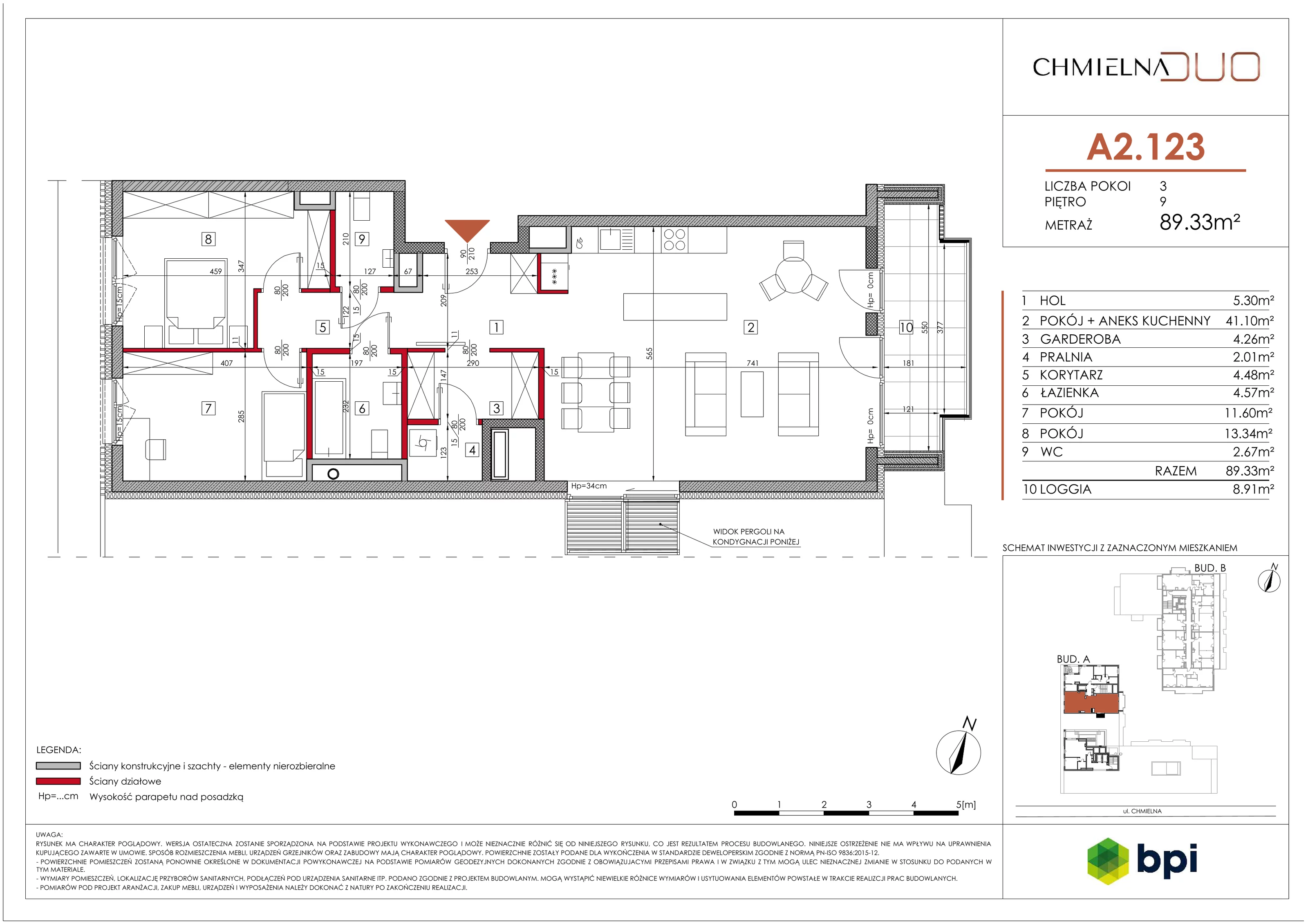 3 pokoje, mieszkanie 89,66 m², piętro 9, oferta nr A2.123, Chmielna Duo, Warszawa, Wola, Mirów, ul. Chmielna