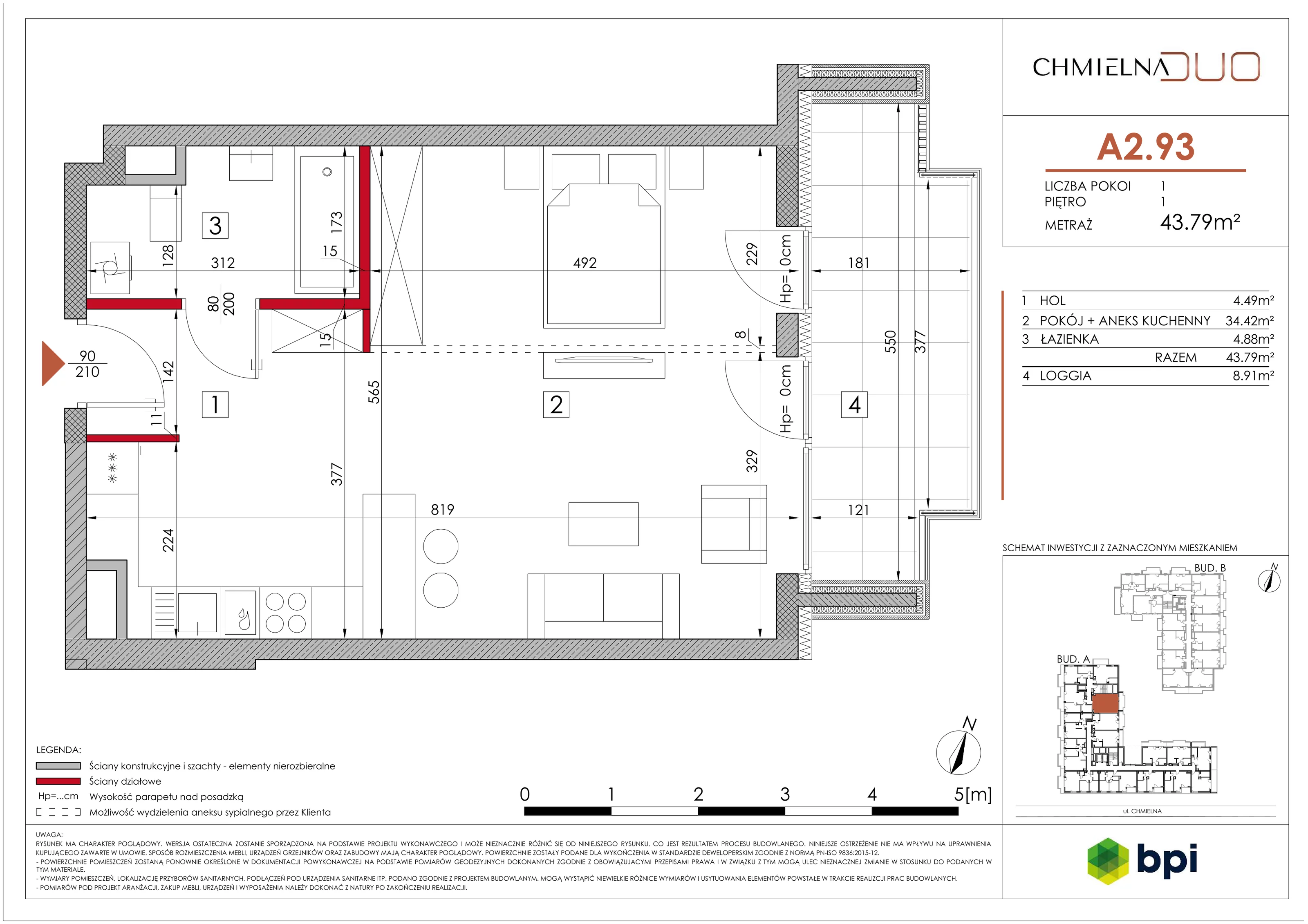 1 pokój, mieszkanie 43,87 m², piętro 1, oferta nr A2.93, Chmielna Duo, Warszawa, Wola, Mirów, ul. Chmielna