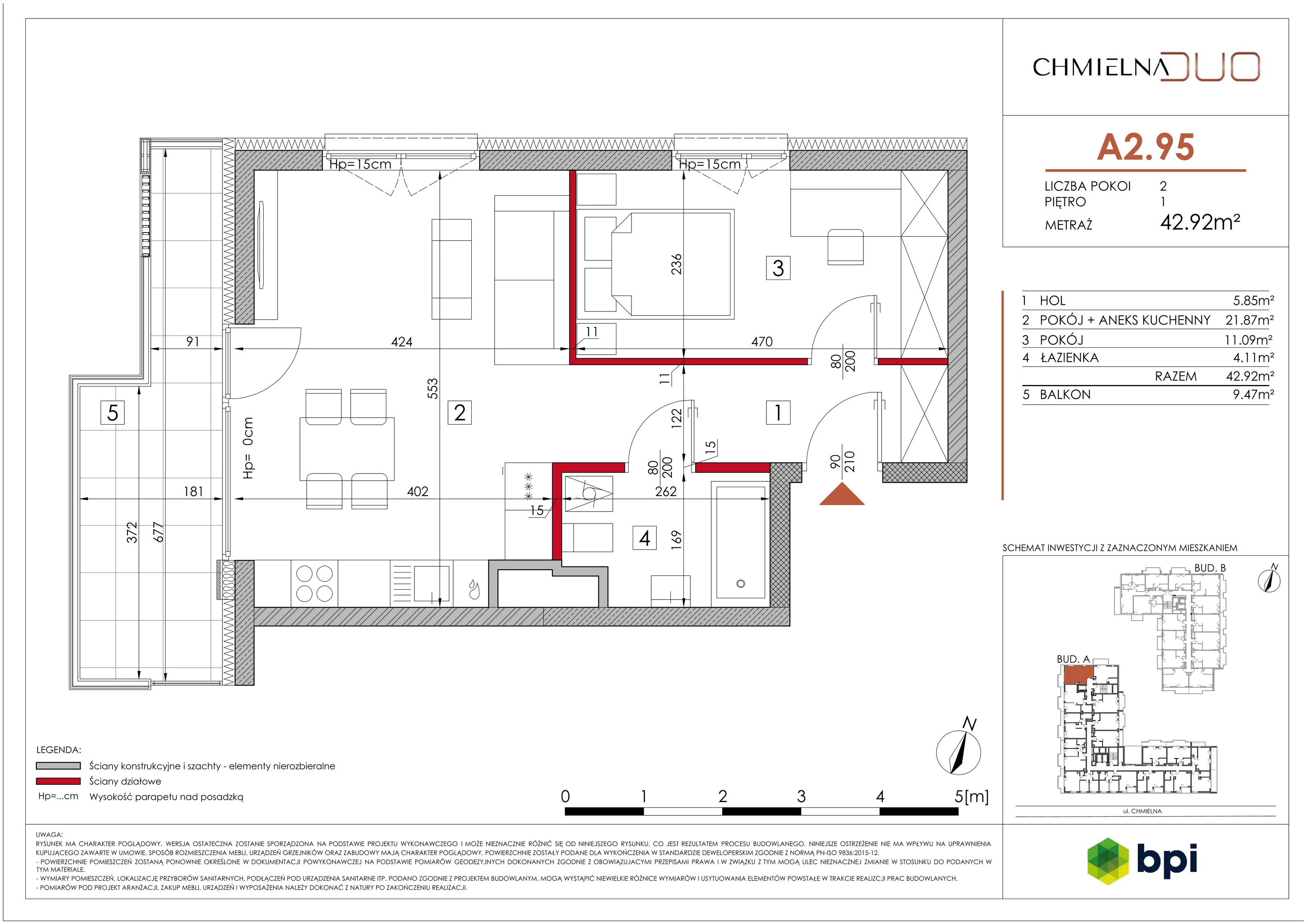 2 pokoje, mieszkanie 43,08 m², piętro 1, oferta nr A2.95, Chmielna Duo, Warszawa, Wola, Mirów, ul. Chmielna