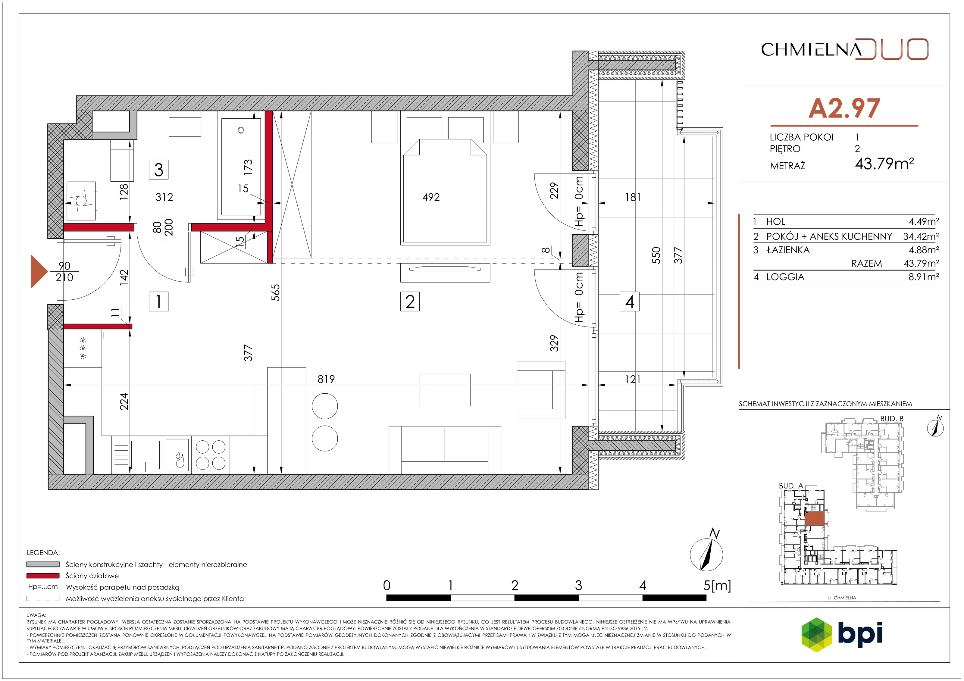 1 pokój, mieszkanie 43,85 m², piętro 2, oferta nr A2.97, Chmielna Duo, Warszawa, Wola, Mirów, ul. Chmielna