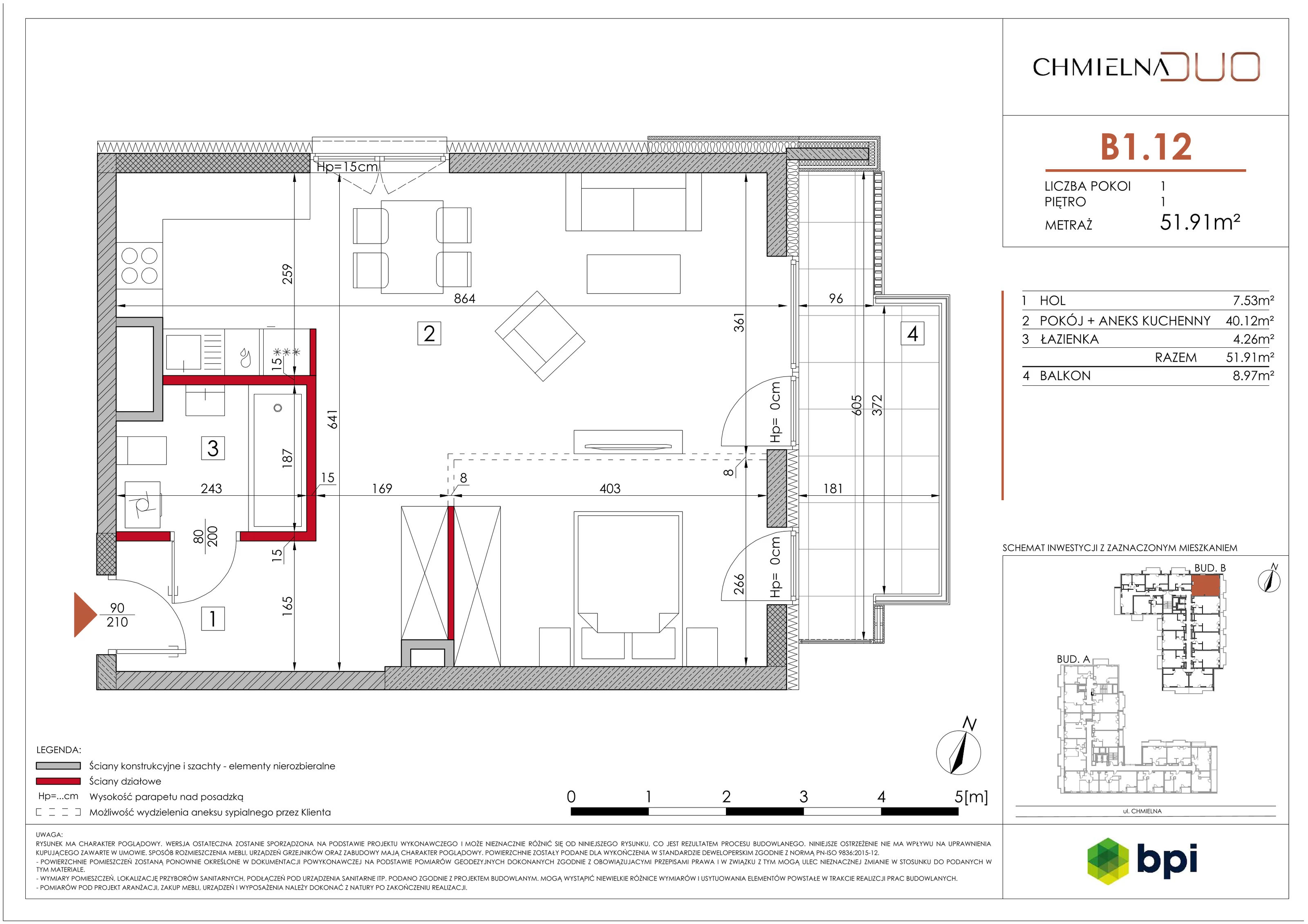 1 pokój, mieszkanie 52,00 m², piętro 1, oferta nr B1.12, Chmielna Duo, Warszawa, Wola, Mirów, ul. Chmielna
