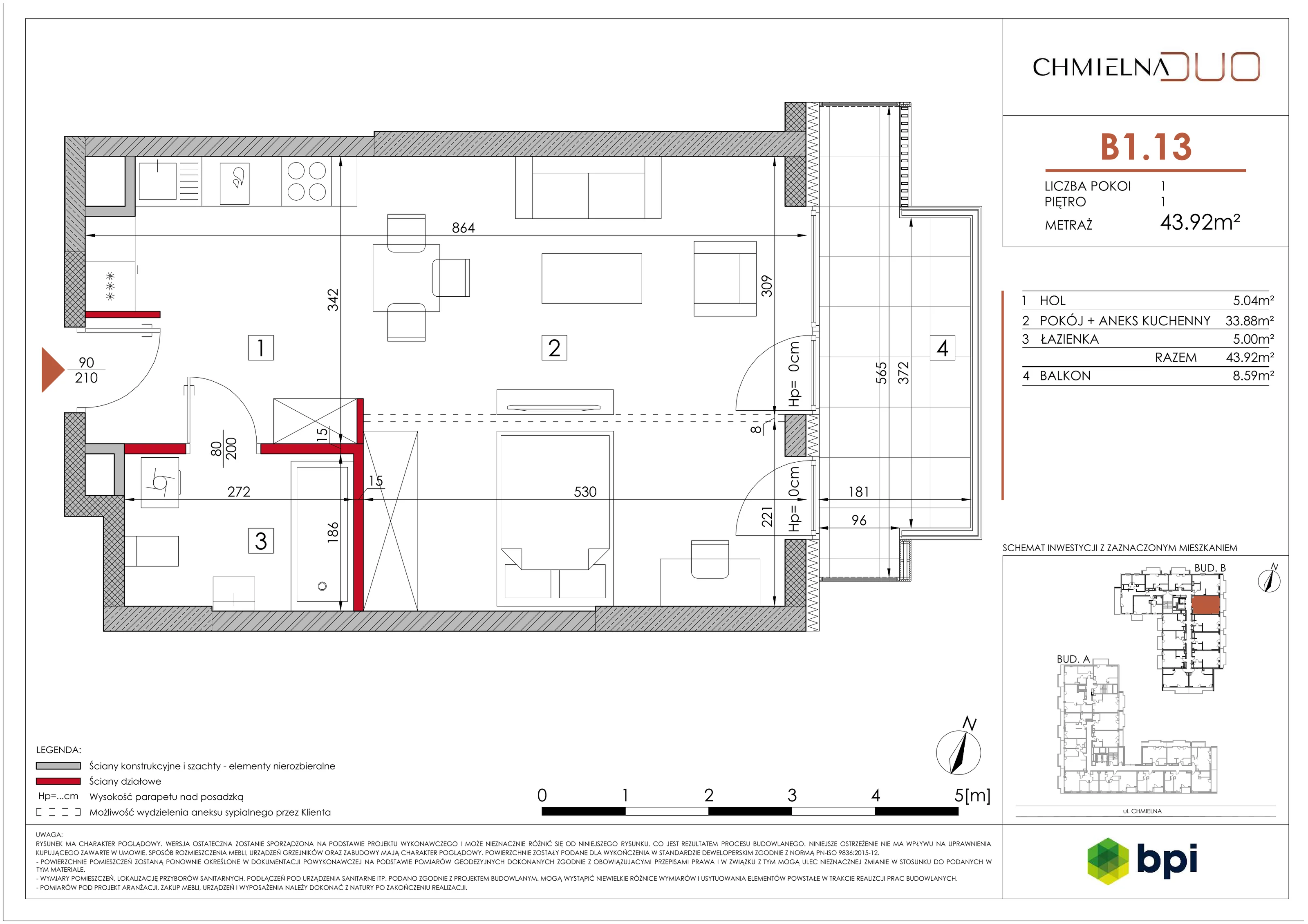 1 pokój, mieszkanie 44,02 m², piętro 1, oferta nr B1.13, Chmielna Duo, Warszawa, Wola, Mirów, ul. Chmielna