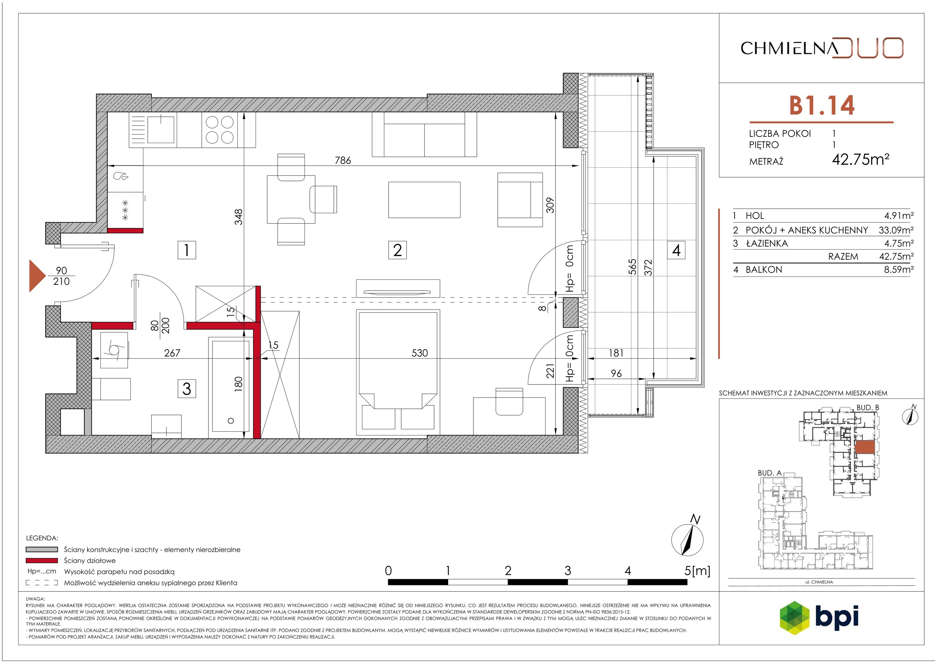 1 pokój, mieszkanie 42,72 m², piętro 1, oferta nr B1.14, Chmielna Duo, Warszawa, Wola, Mirów, ul. Chmielna