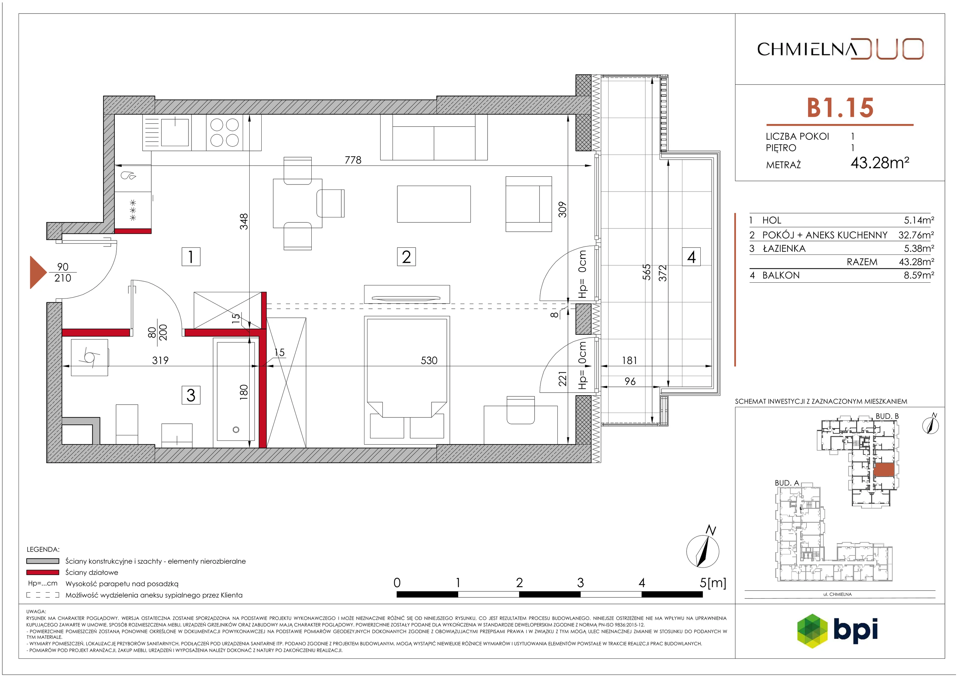 1 pokój, mieszkanie 43,45 m², piętro 1, oferta nr B1.15, Chmielna Duo, Warszawa, Wola, Mirów, ul. Chmielna