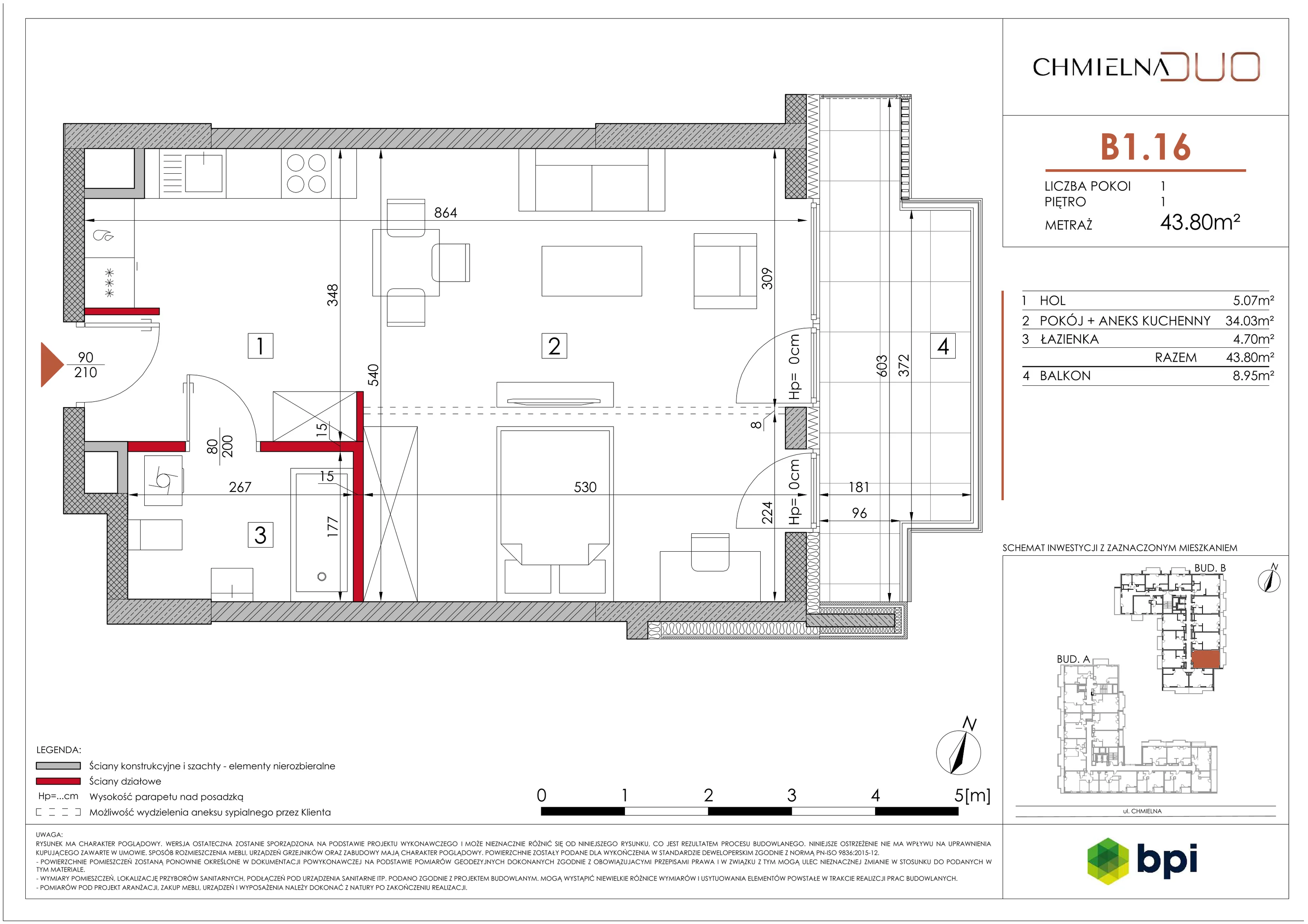 1 pokój, mieszkanie 43,77 m², piętro 1, oferta nr B1.16, Chmielna Duo, Warszawa, Wola, Mirów, ul. Chmielna