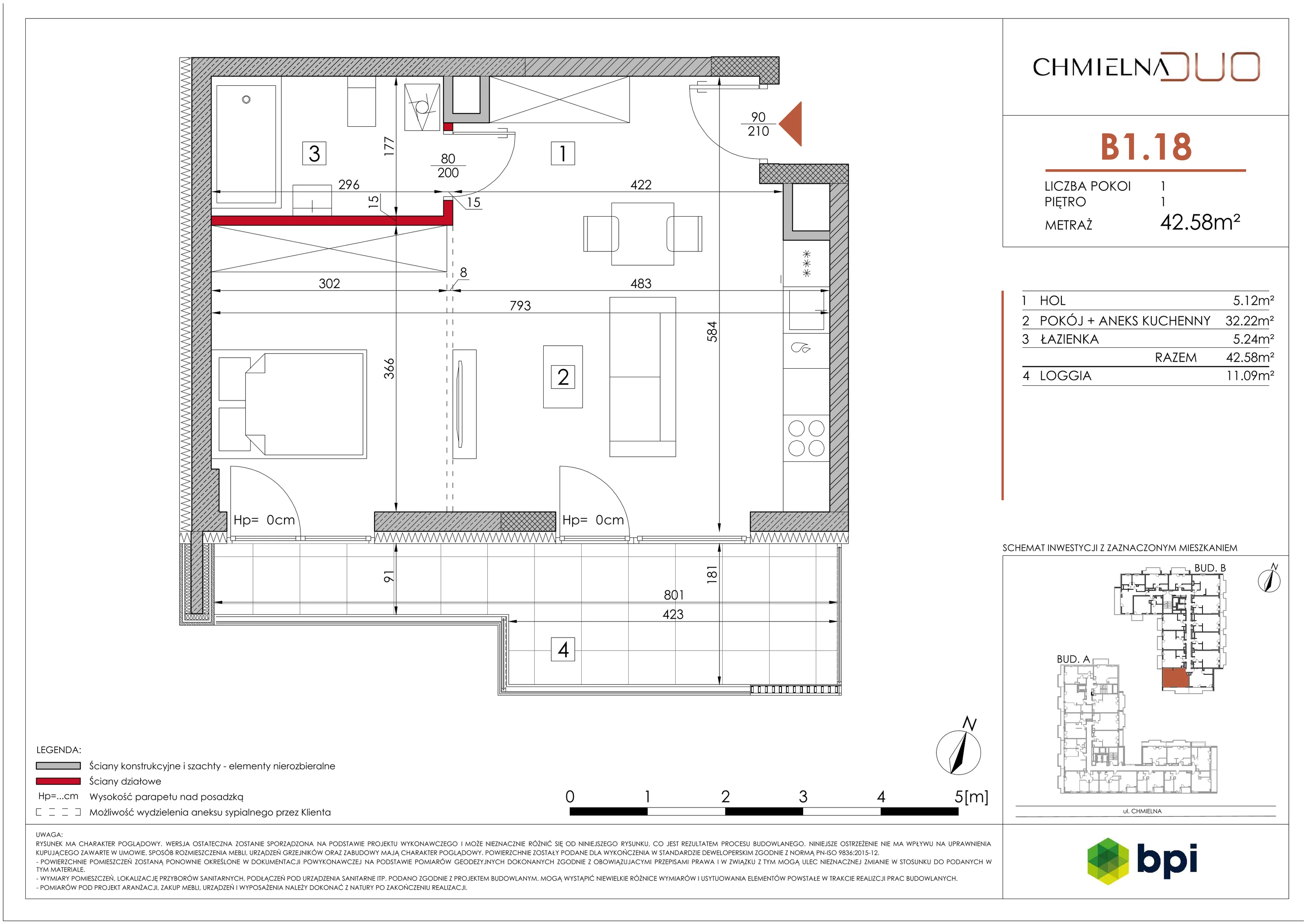 1 pokój, mieszkanie 42,77 m², piętro 1, oferta nr B1.18, Chmielna Duo, Warszawa, Wola, Mirów, ul. Chmielna