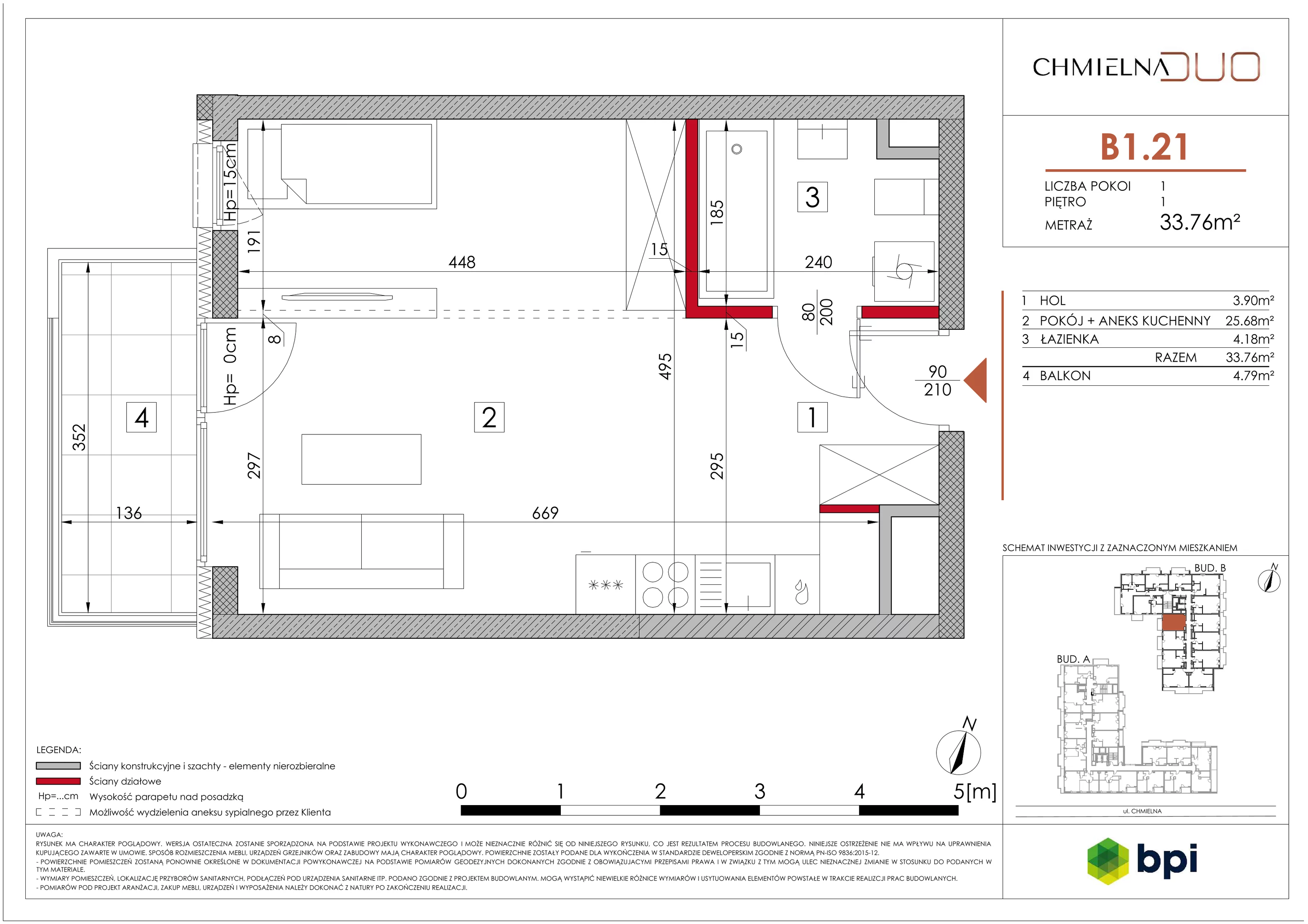 1 pokój, mieszkanie 33,72 m², piętro 1, oferta nr B1.21, Chmielna Duo, Warszawa, Wola, Mirów, ul. Chmielna