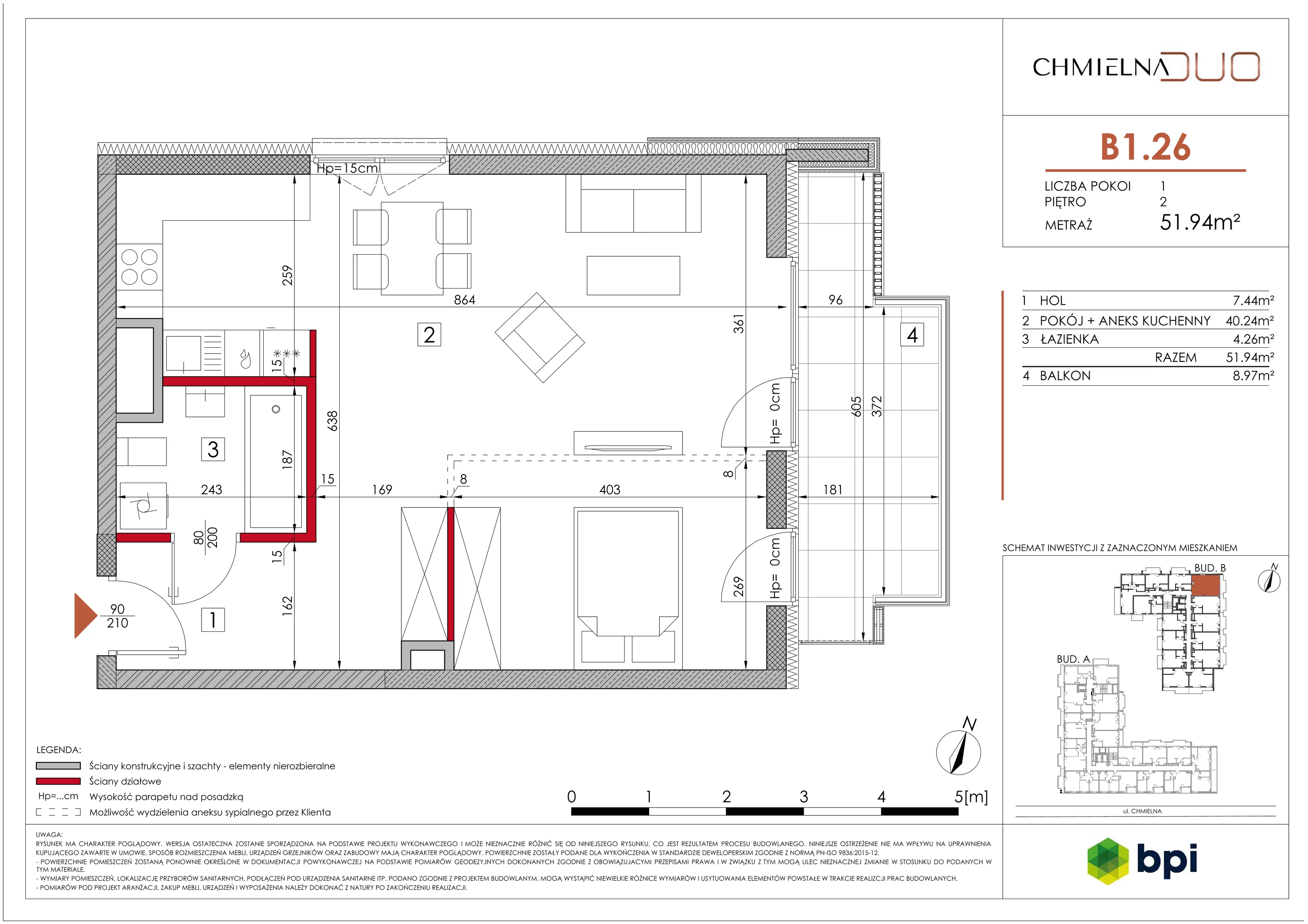 1 pokój, mieszkanie 52,24 m², piętro 2, oferta nr B1.26, Chmielna Duo, Warszawa, Wola, Mirów, ul. Chmielna