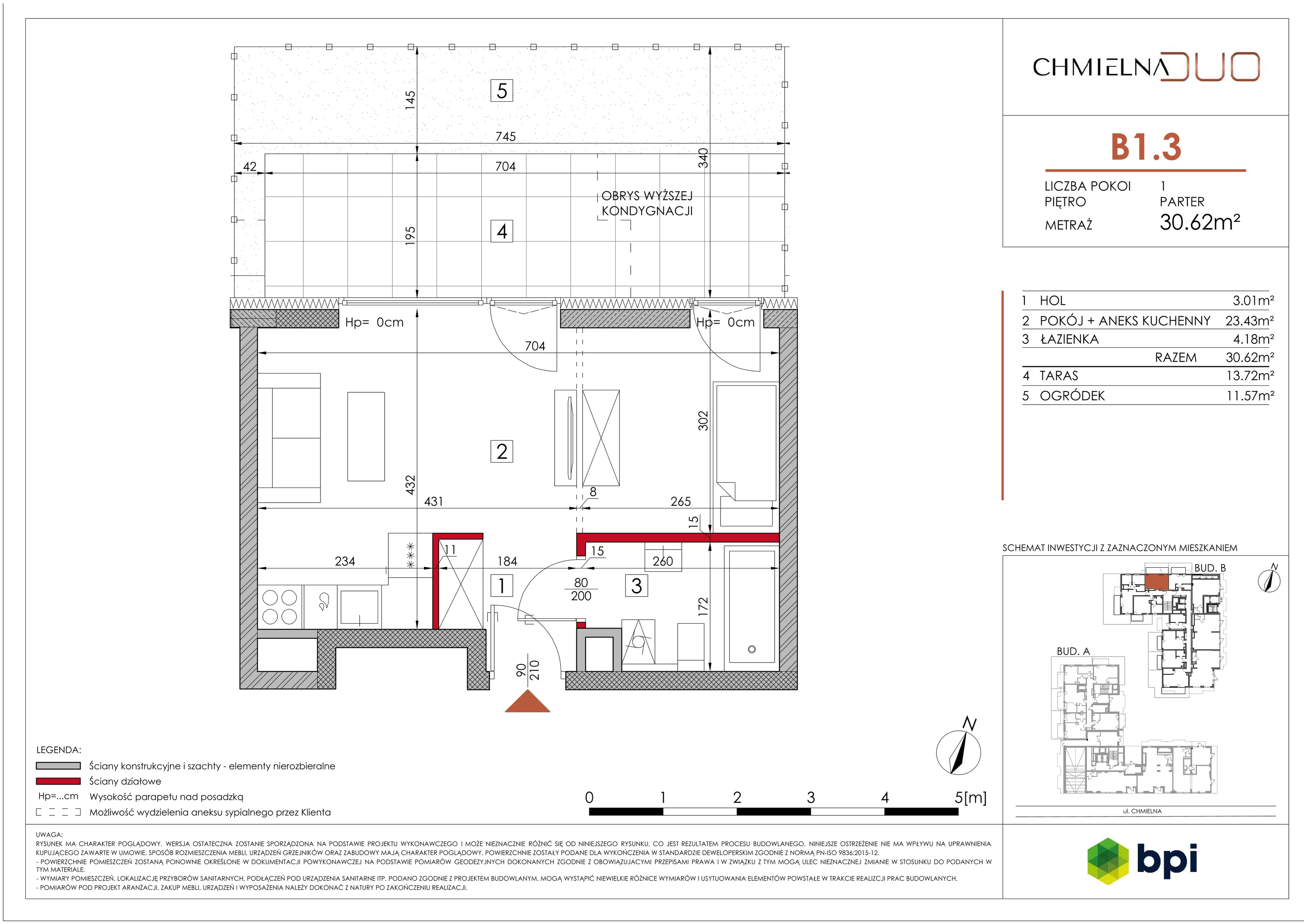 1 pokój, mieszkanie 31,13 m², parter, oferta nr B1.3, Chmielna Duo, Warszawa, Wola, Mirów, ul. Chmielna