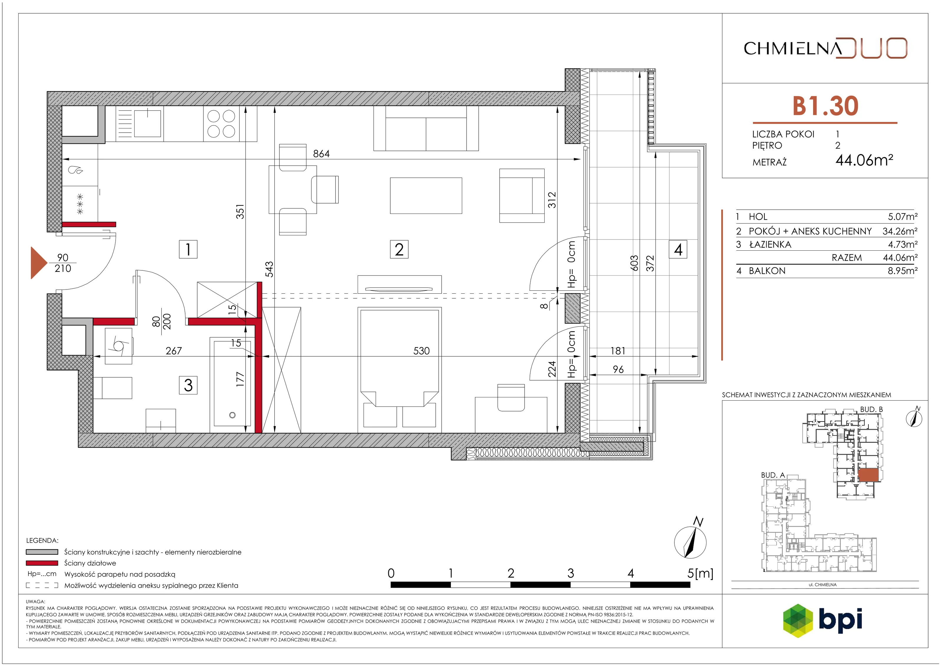 1 pokój, mieszkanie 44,27 m², piętro 2, oferta nr B1.30, Chmielna Duo, Warszawa, Wola, Mirów, ul. Chmielna