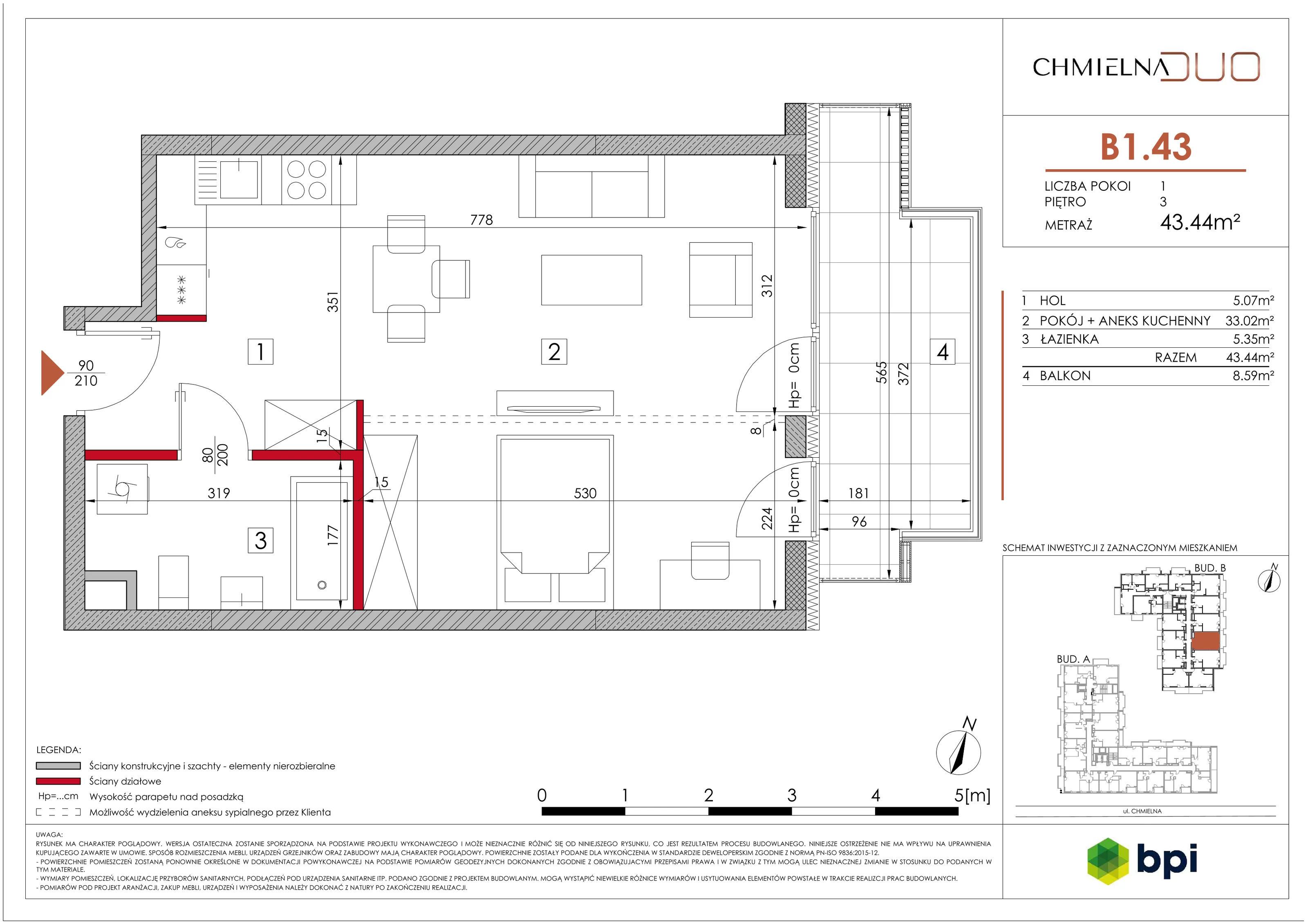 1 pokój, mieszkanie 43,56 m², piętro 3, oferta nr B1.43, Chmielna Duo, Warszawa, Wola, Mirów, ul. Chmielna