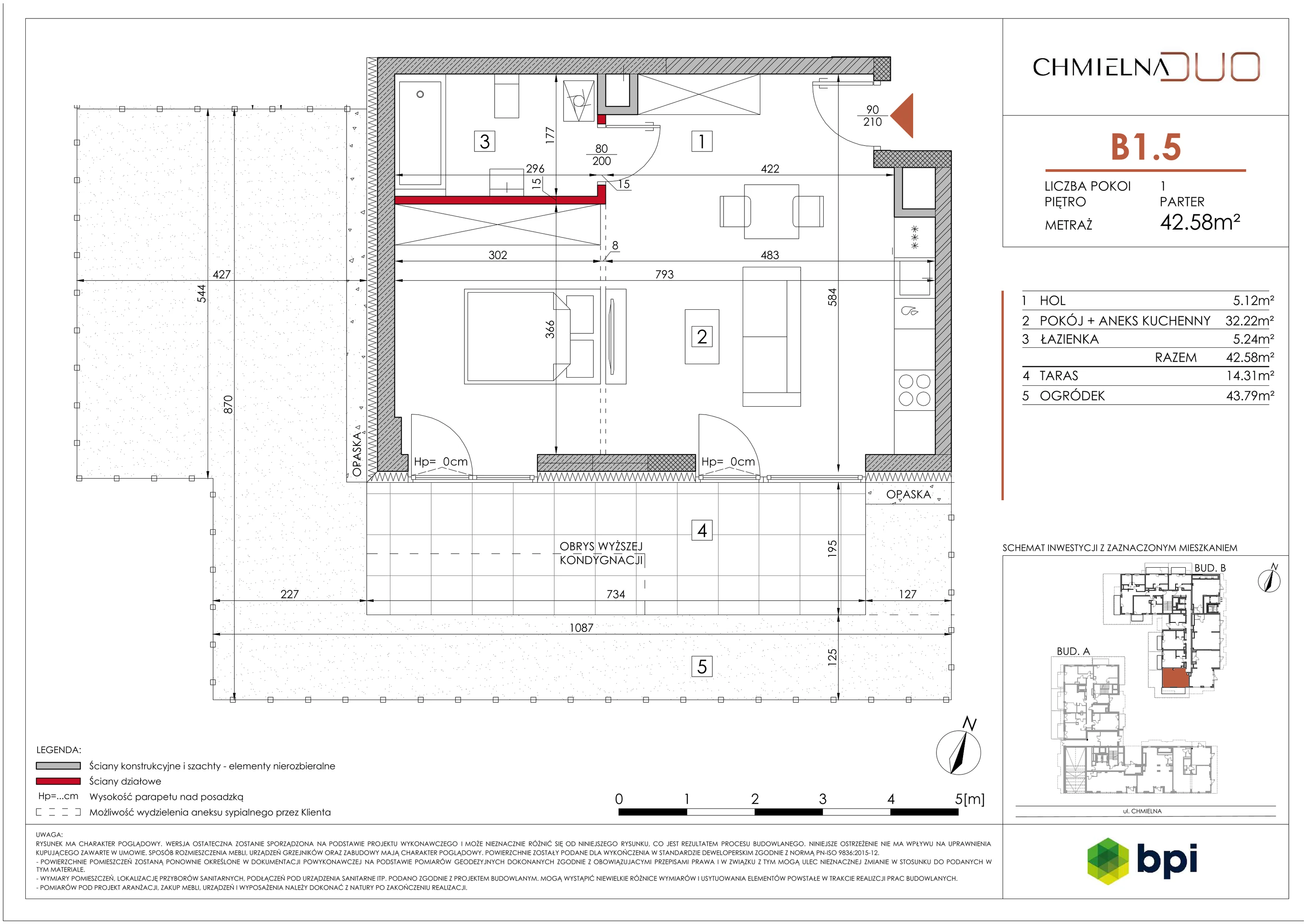 1 pokój, mieszkanie 43,45 m², piętro 1, oferta nr B1.15, Chmielna Duo, Warszawa, Wola, Mirów, ul. Chmielna